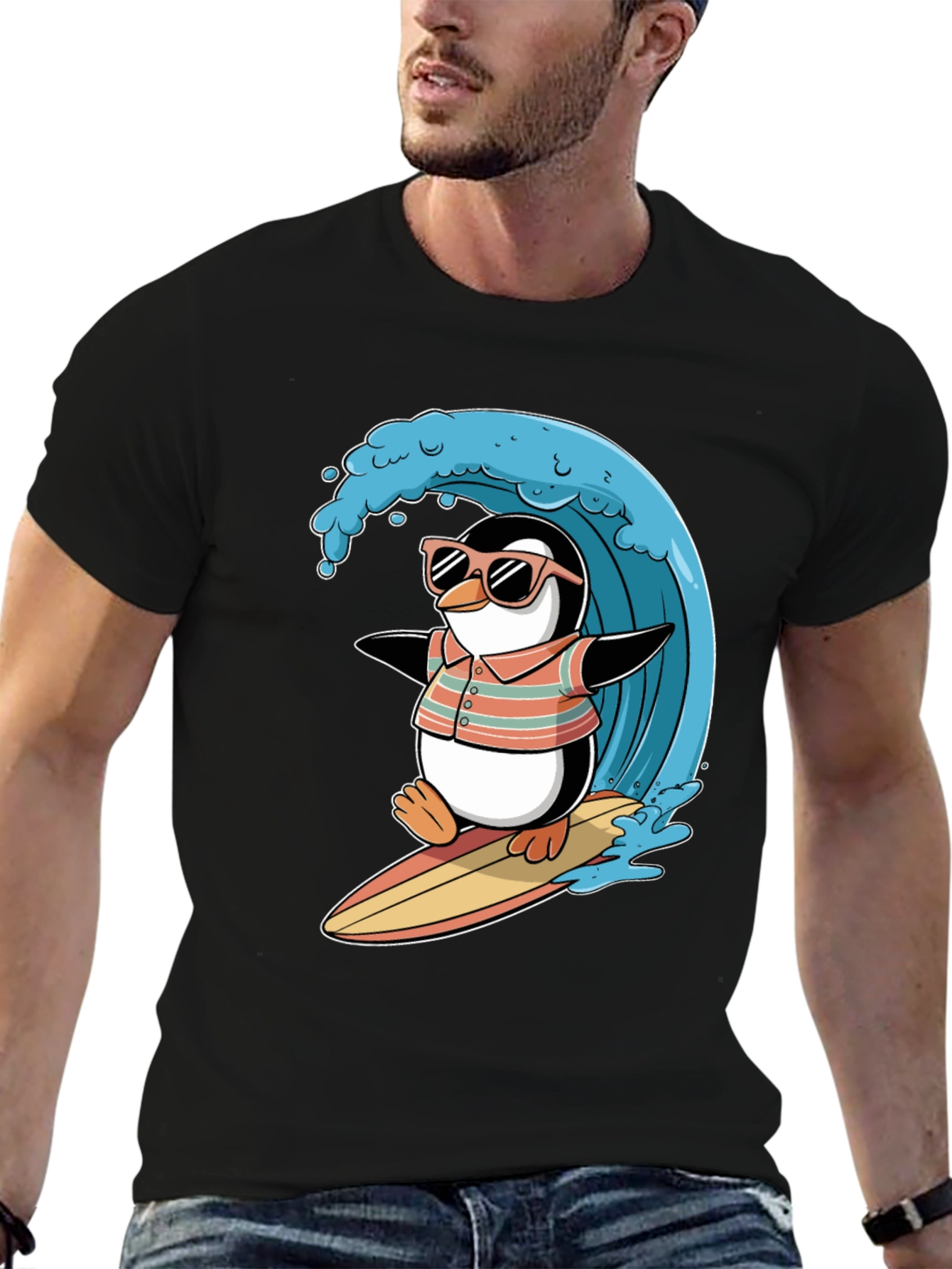 Black Surfing Penguin Graphic Tee view 6