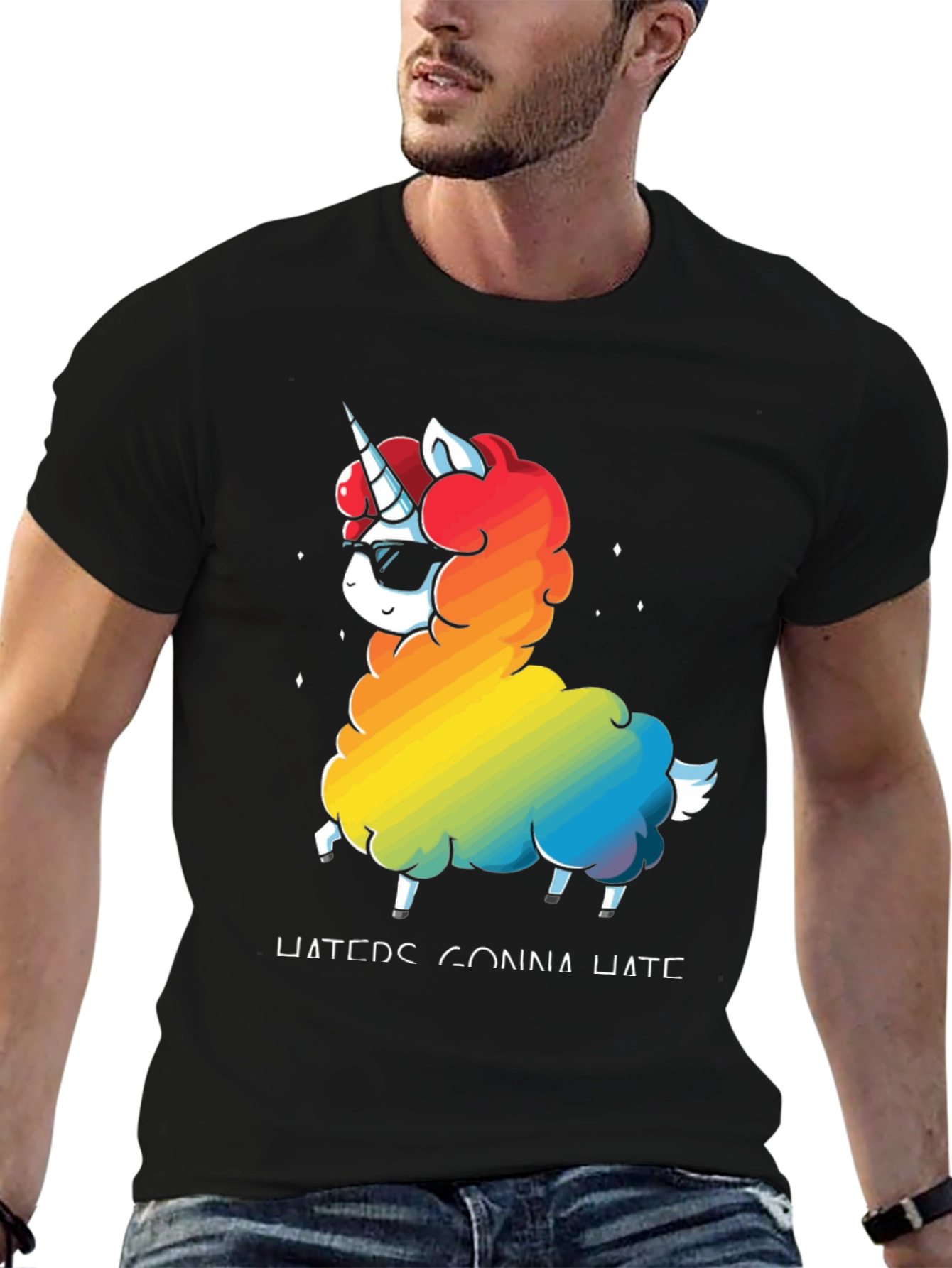 Black Unicorn Llama Rainbow T-Shirt - "Haters Gonna Hate" view 6