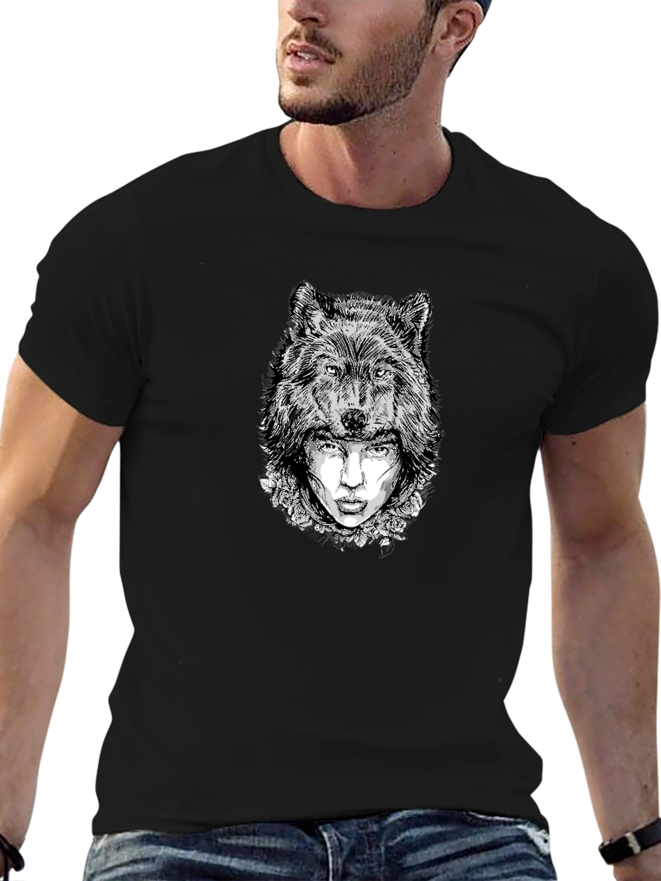 Black Wolf Woman Graphic Tee - Black Cotton Blend view 6