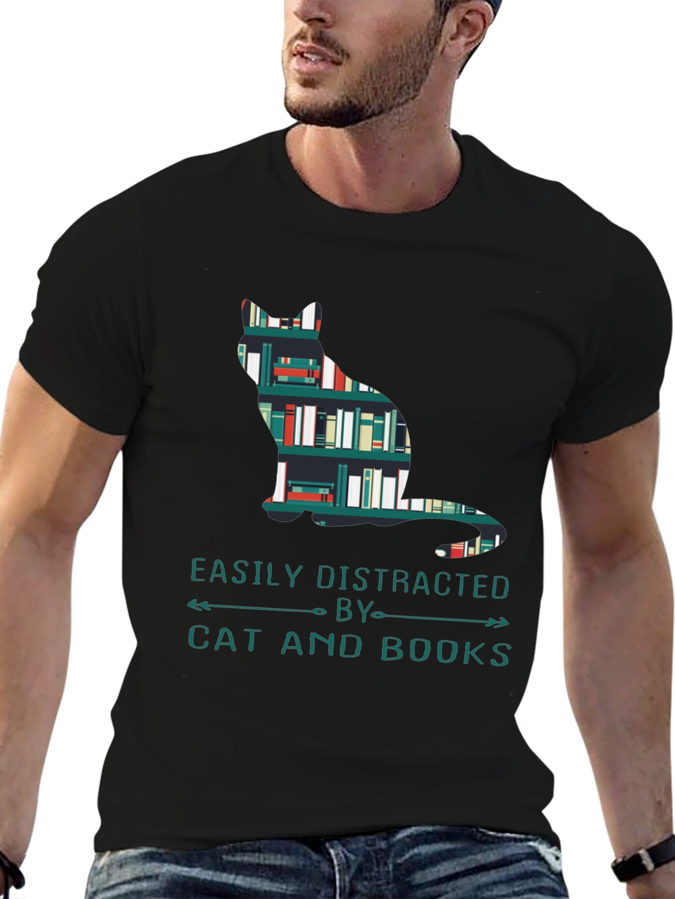 Black Cat and Books T-Shirt - Easily Distracted Tee view 6