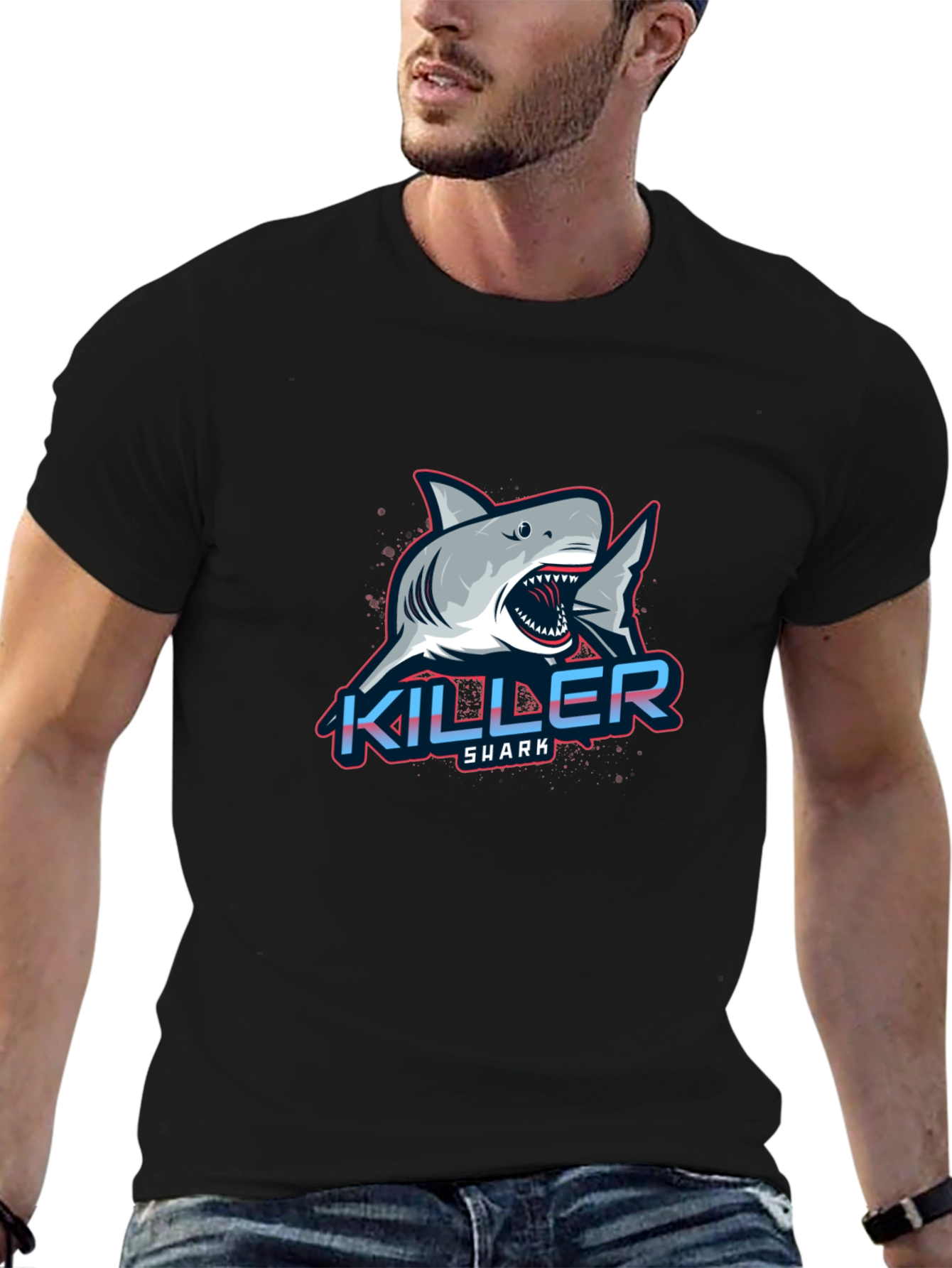 Black Killer Shark Graphic Tee - Bold Design, Men's Black T-Shirt view 6