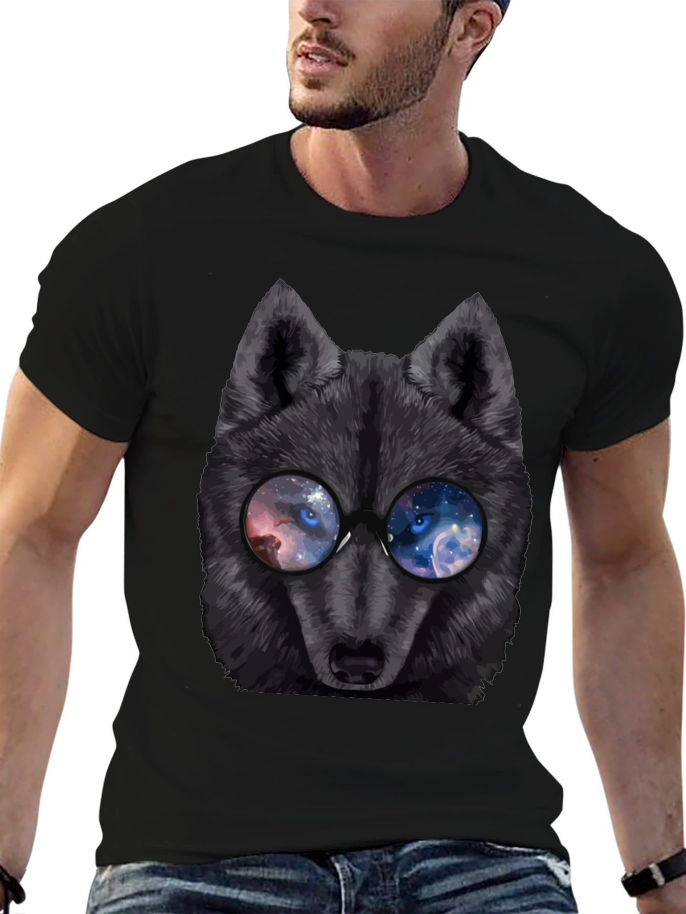 Black Cool Wolf with Galaxy Glasses T-Shirt view 6