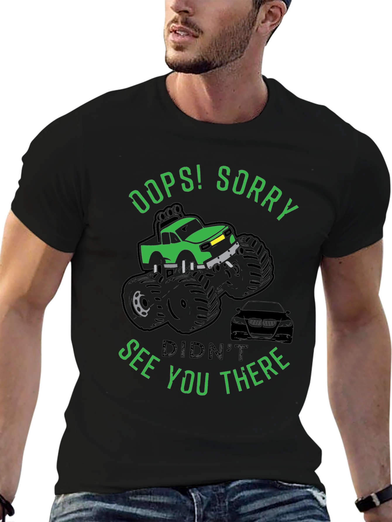 Black Oops! Sorry Funny Monster Truck T-Shirt view 6