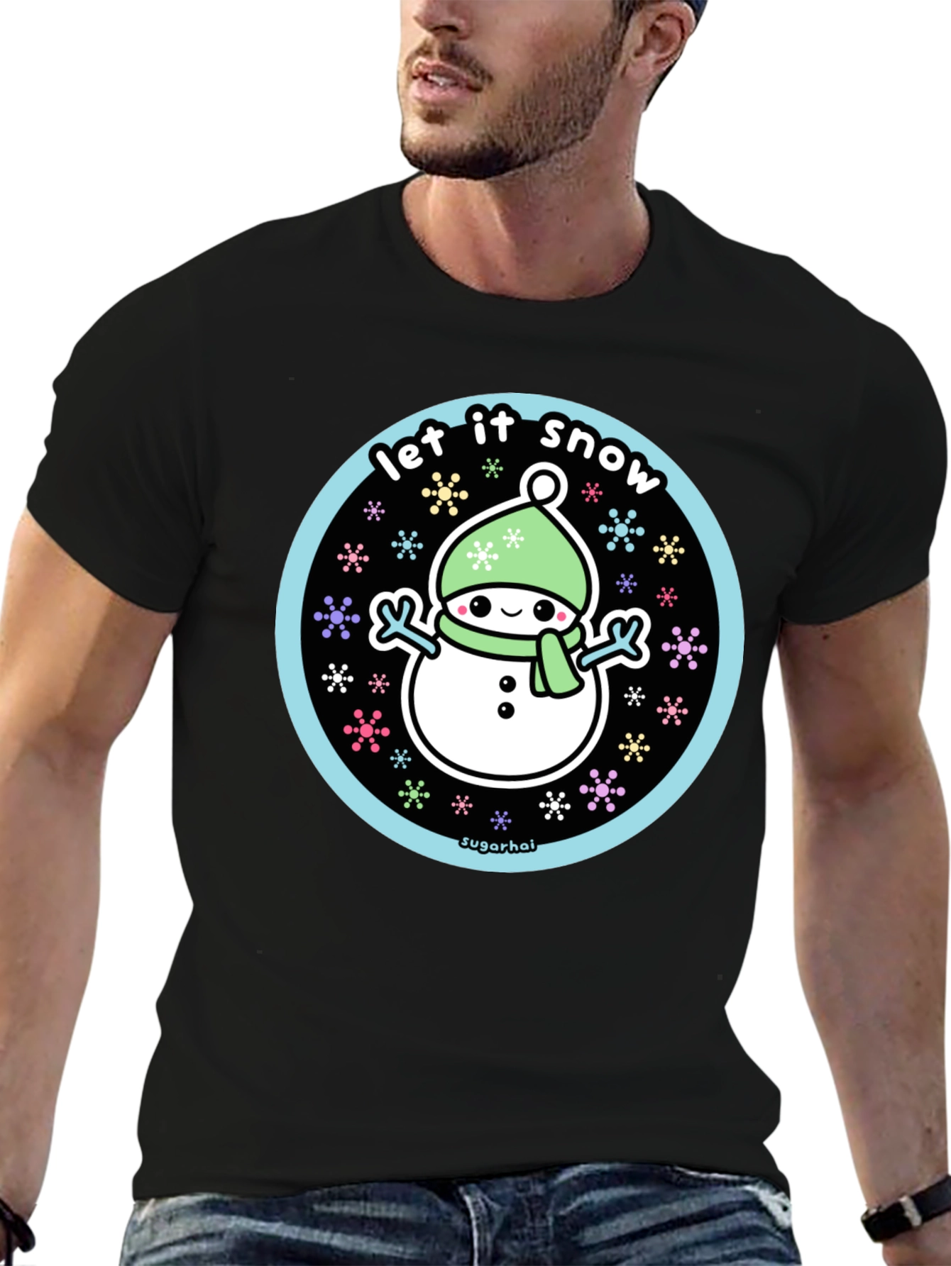 Black Kawaii Snowman Let It Snow Graphic Tee view 6