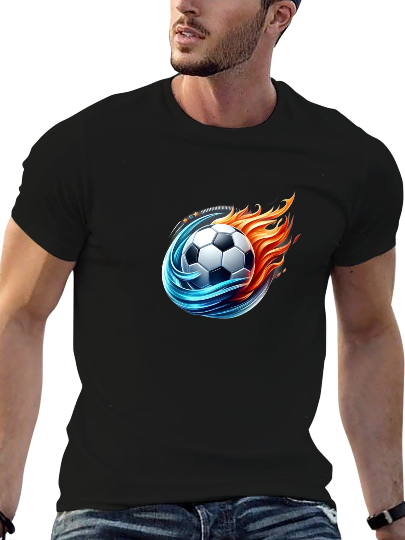 Black Fiery Soccer Ball Graphic Tee - Cool Design view 6