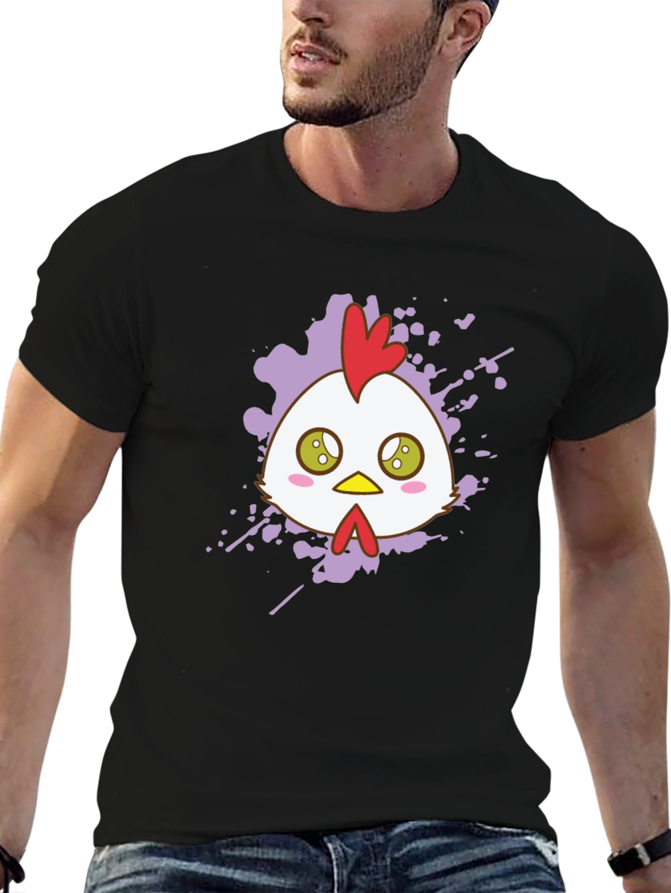 Black Cute Chicken Graphic Tee - Black Cotton T-Shirt view 6