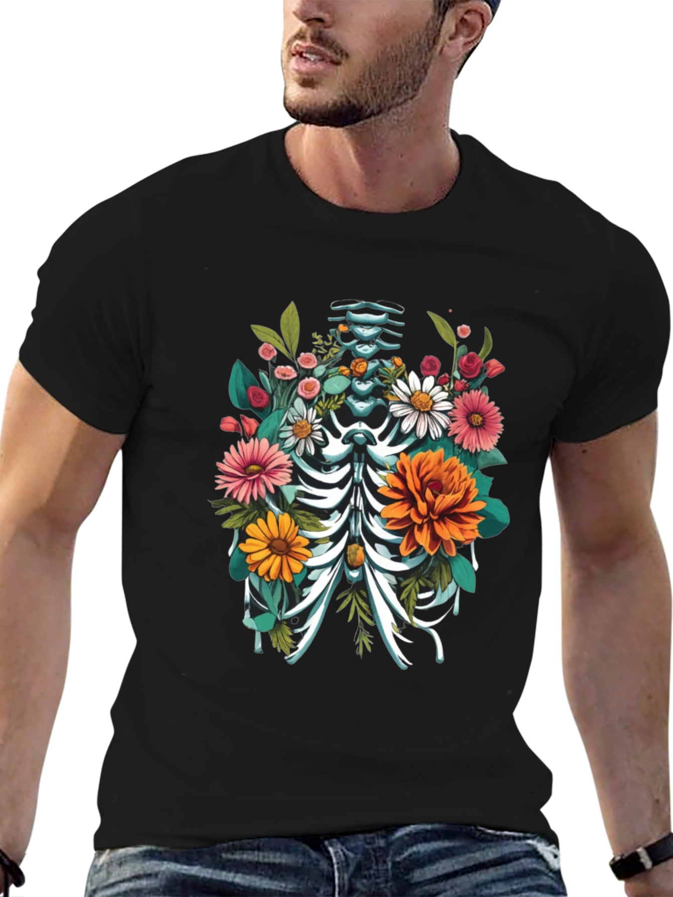 Black Floral Skeleton Rib Cage Graphic T-Shirt view 6