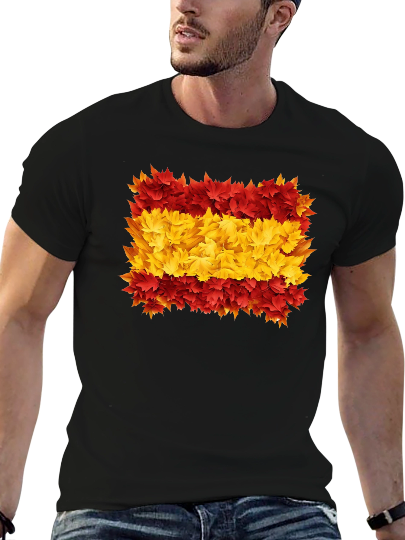 Black Spain Flag Leaves Men's Black T-Shirt view 6