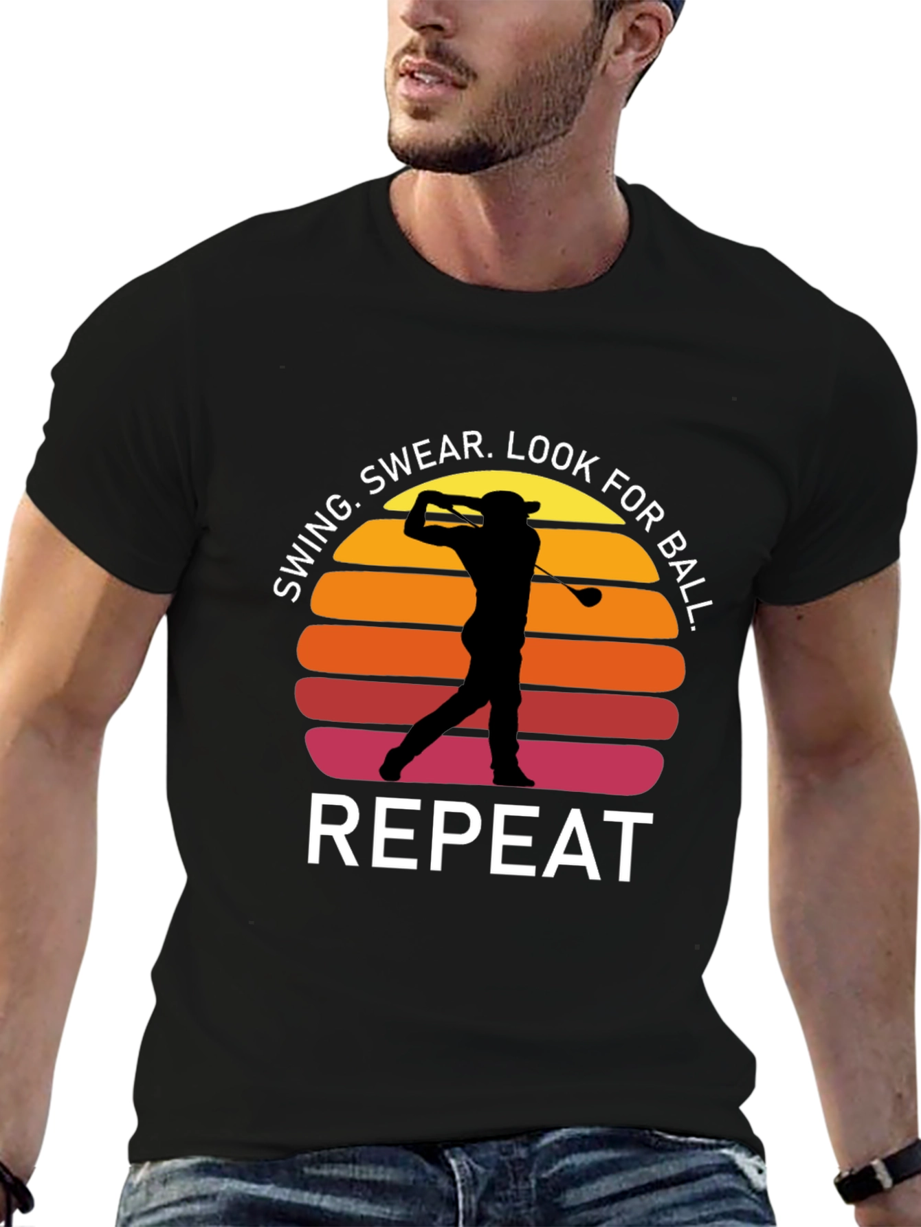 Black Golf Swing Repeat T-Shirt - Funny Golfer Tee view 6