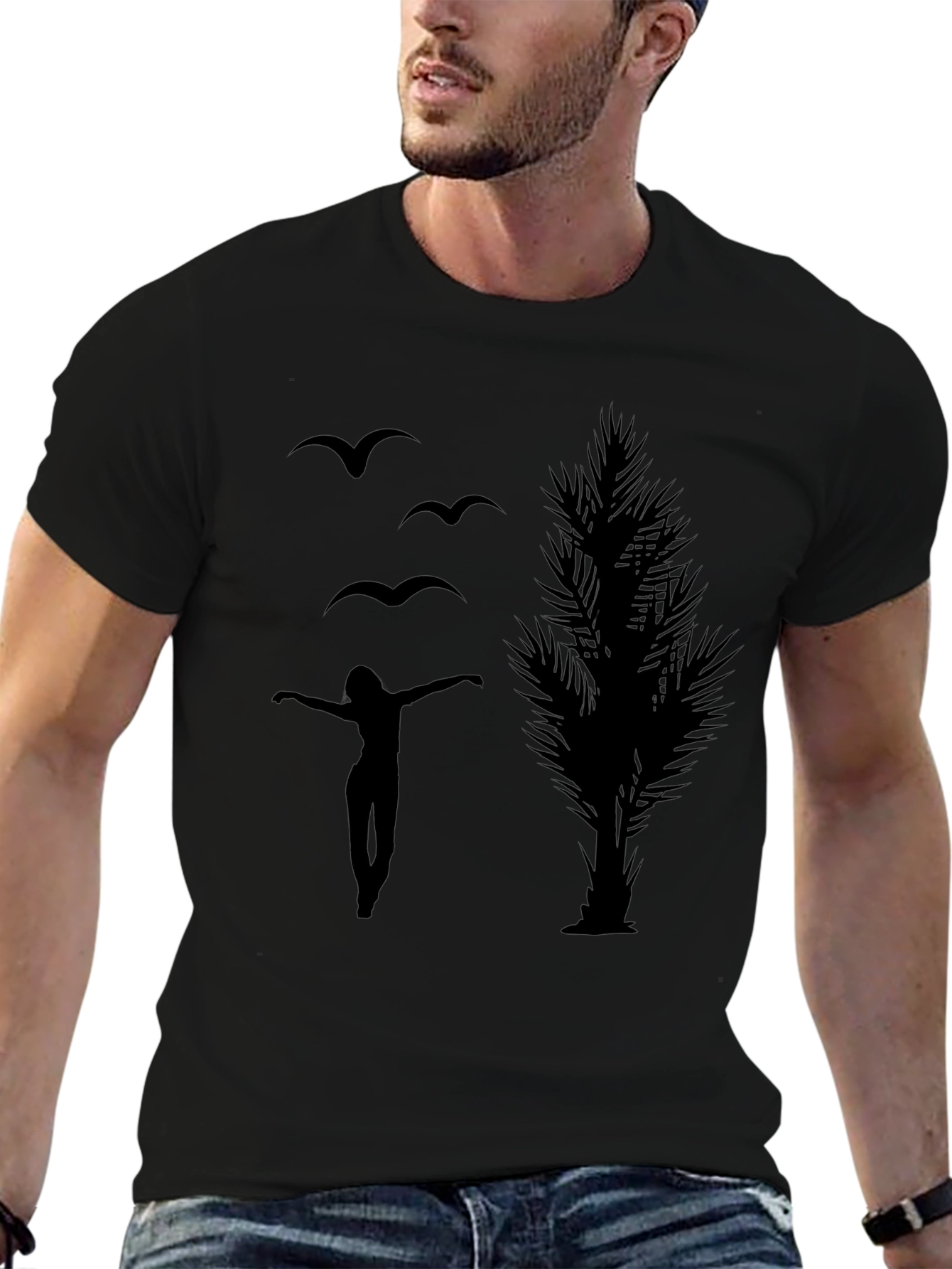 Black Silhouette Graphic Tee - Birds, Woman, Tree view 6