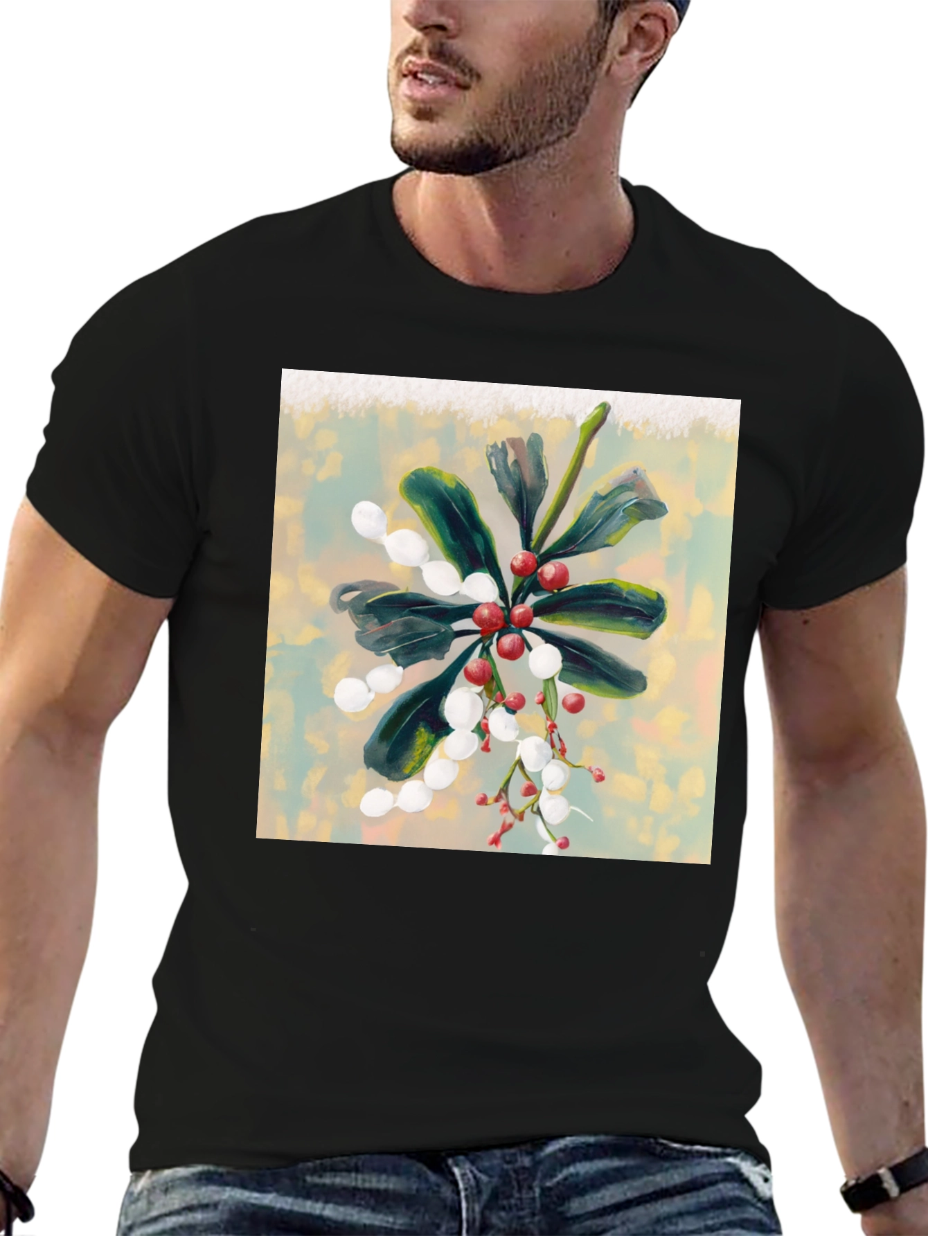 Black Botanical Berry Art Print Tee view 6