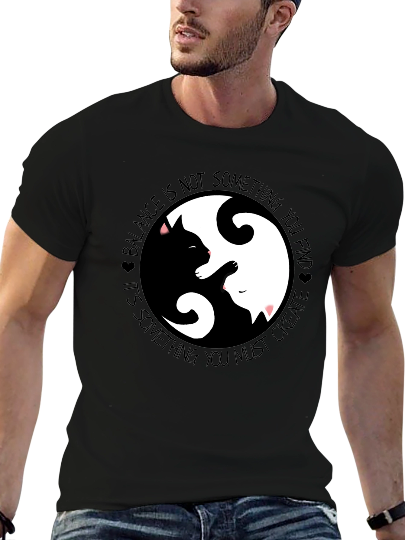 Black Yin Yang Cats Graphic T-Shirt Balance and Harmony view 6