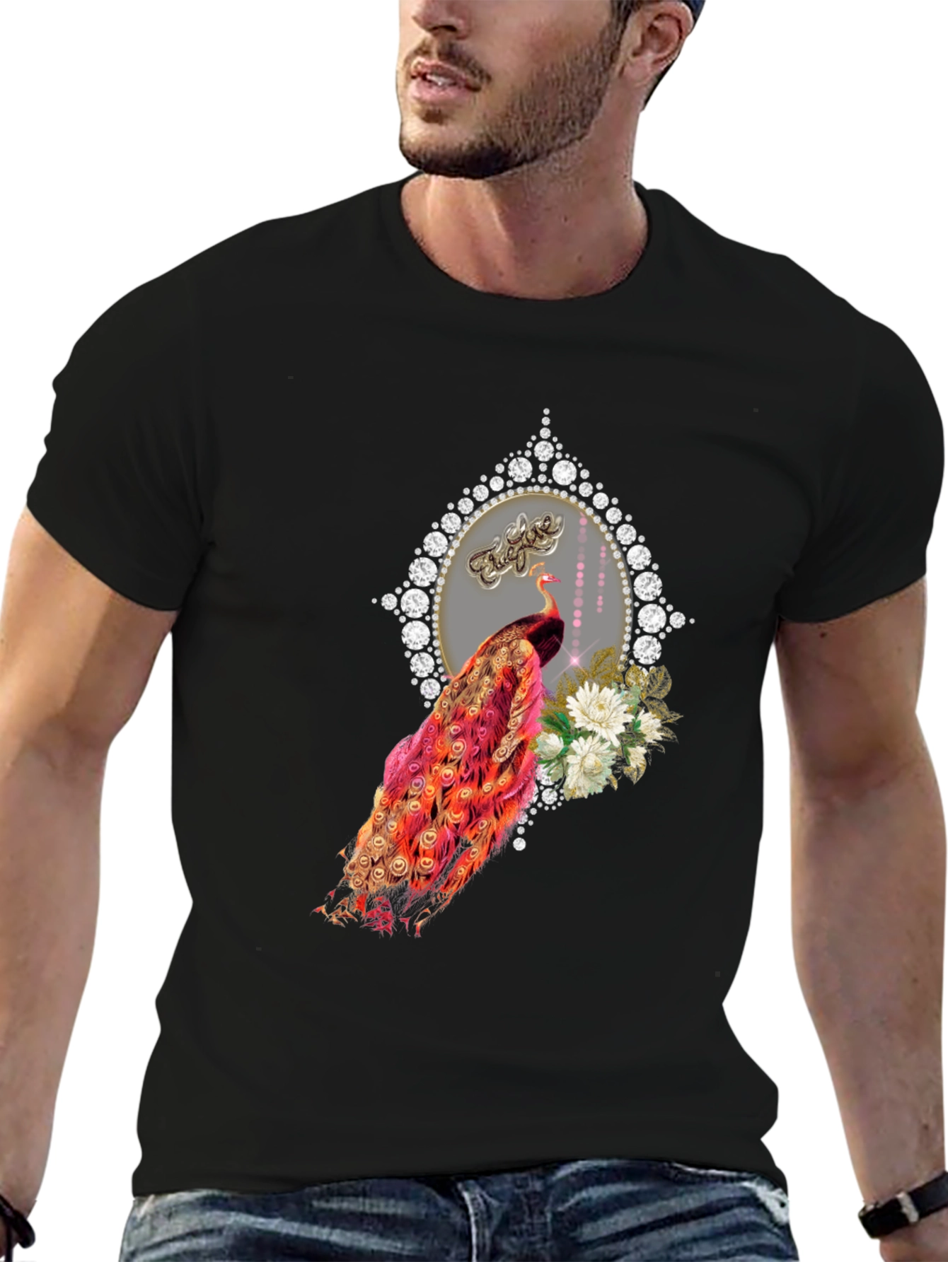 Elegant Peacock Graphic Tee - Diamond Frame - 6