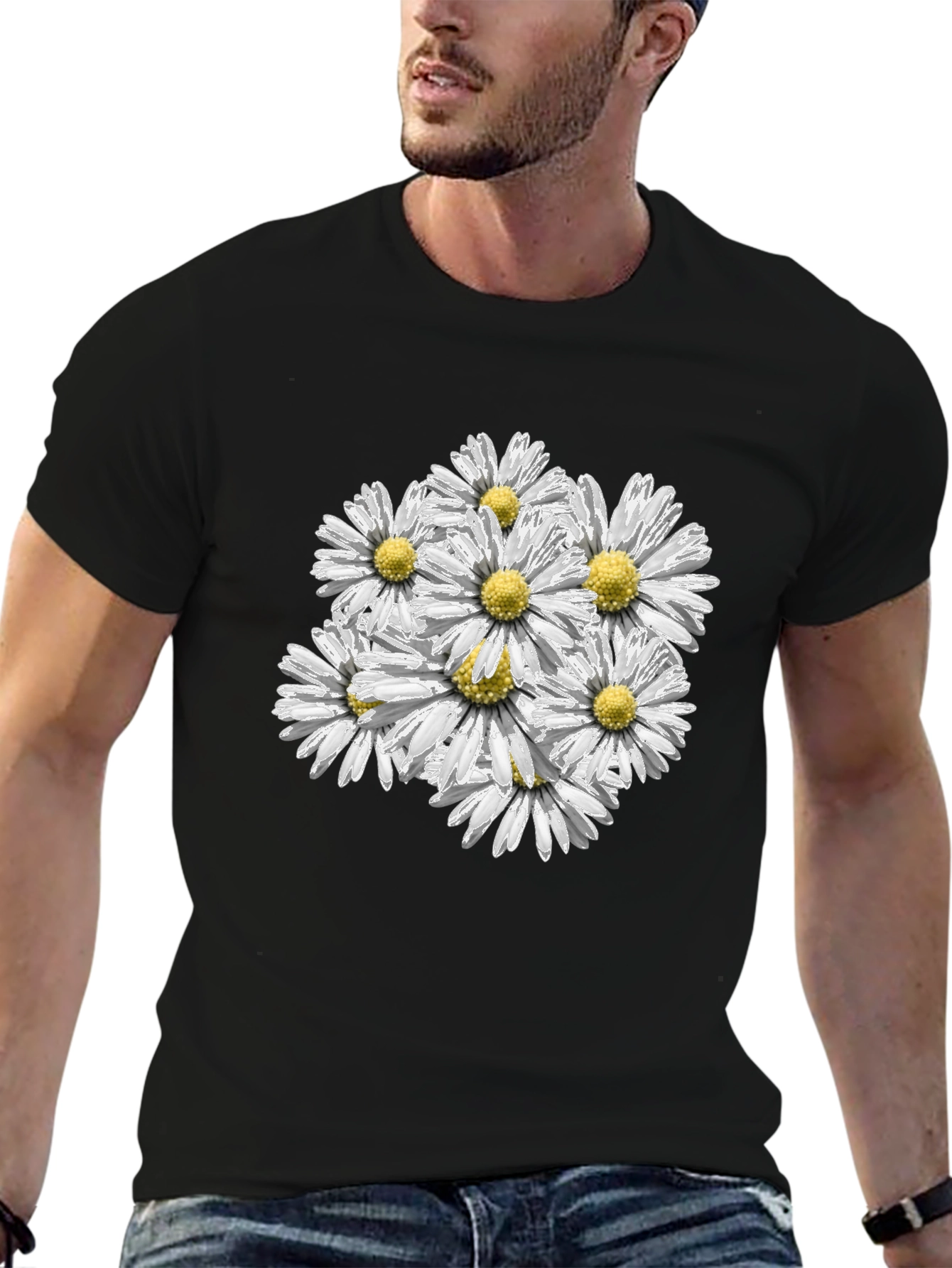Black Daisy Bouquet Graphic Tee - Black Cotton Comfort view 6