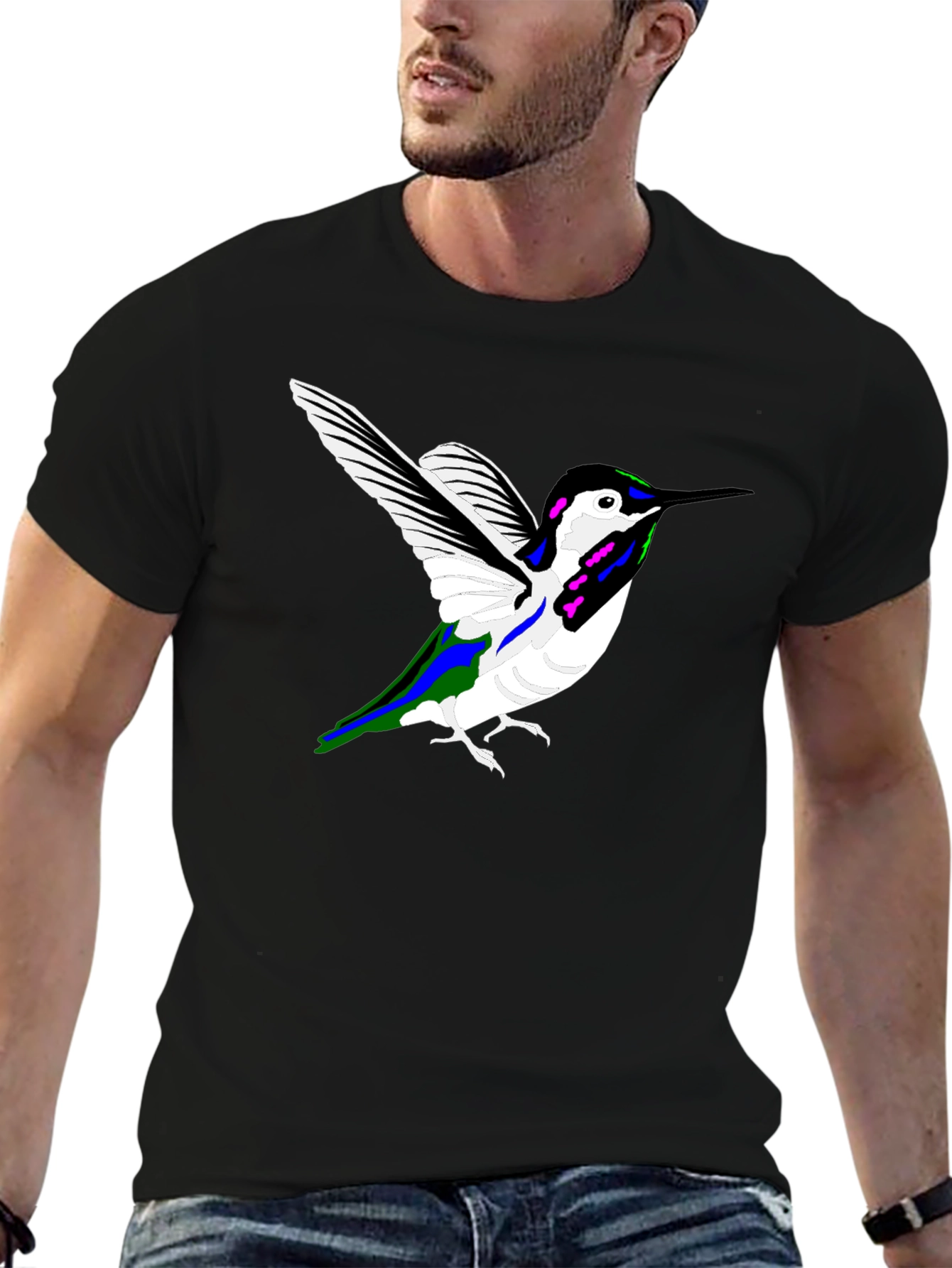 Black Hummingbird Graphic Tee - Black Cotton Casual Shirt view 6