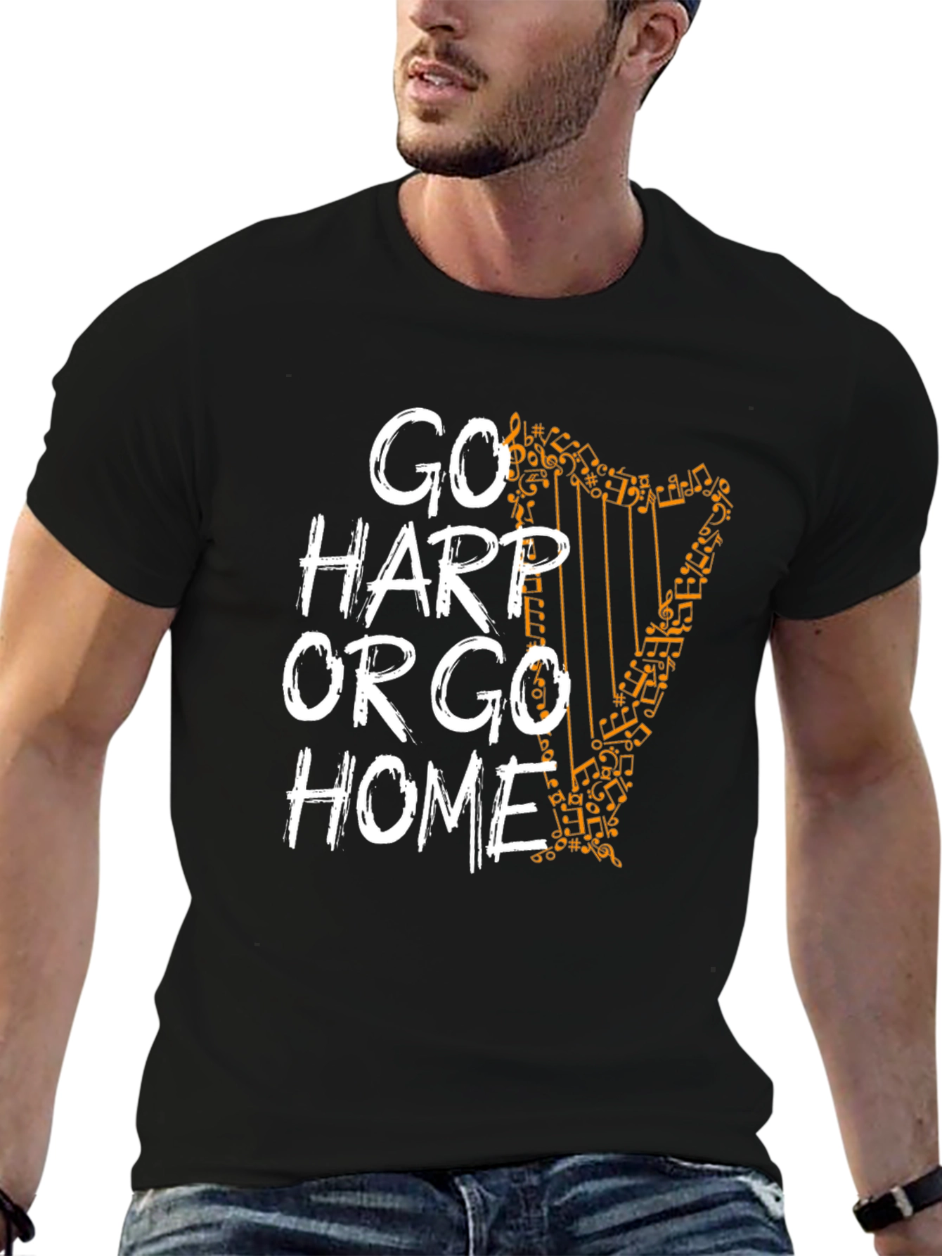 Black Go Harp or Go Home T-Shirt - Music Lover Tee view 6