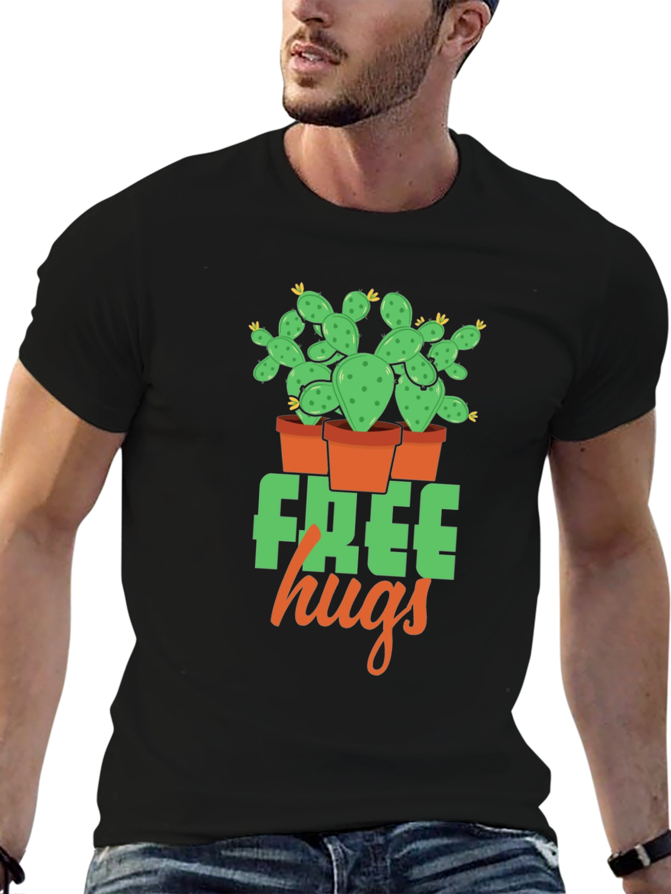 Black Free Hugs Cactus Graphic T-Shirt - Black view 6