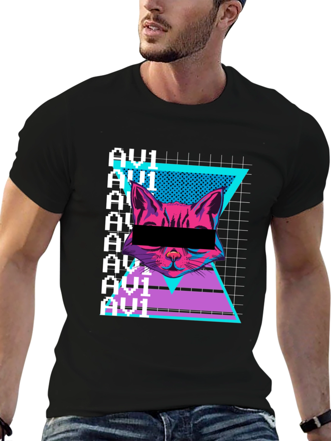 Black Cyberpunk Cat Graphic Tee - Retro Style view 6