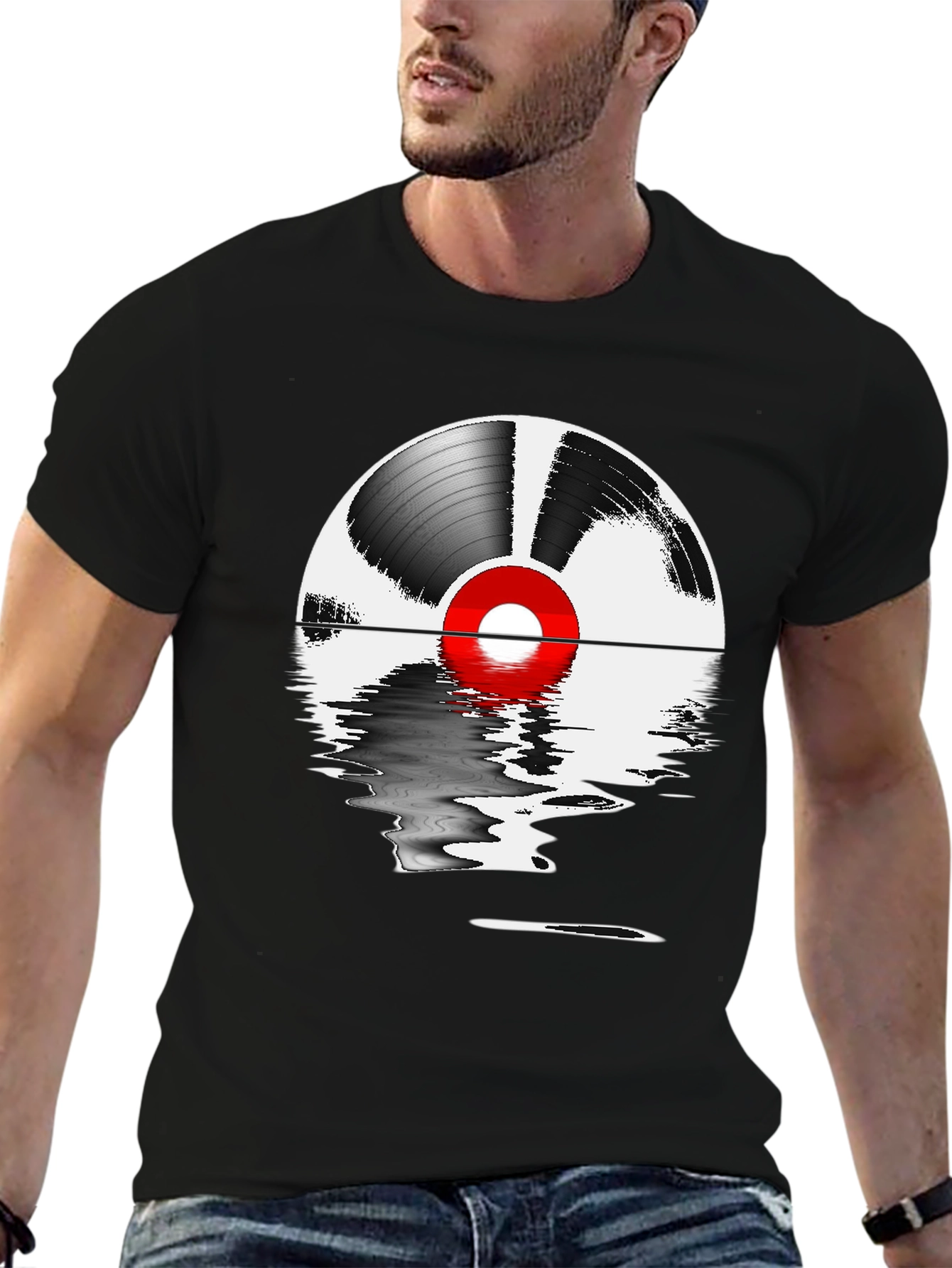 Black Vinyl Record Reflection Graphic Tee view 6
