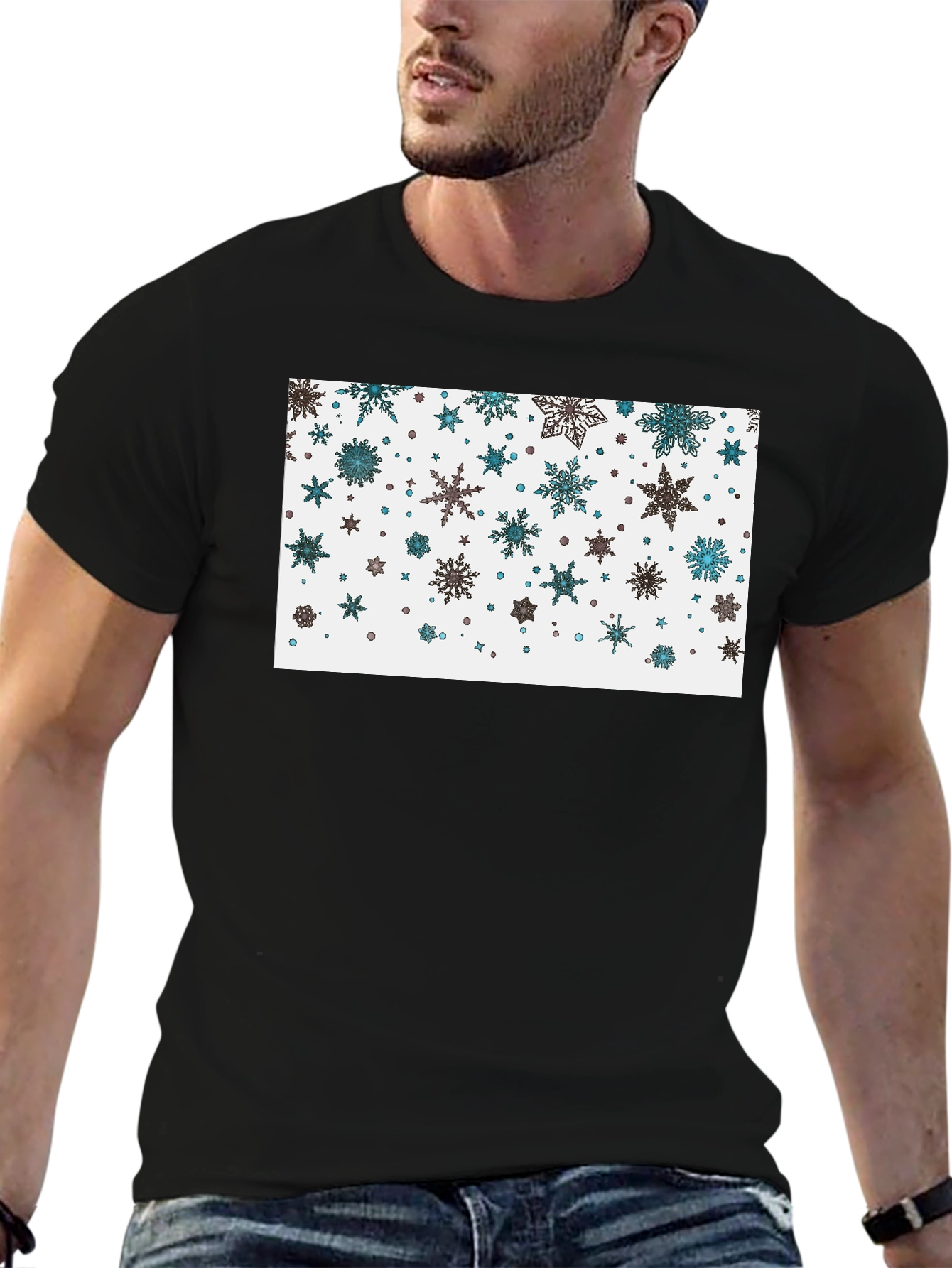 Black Snowflake Pattern Black T-Shirt view 6