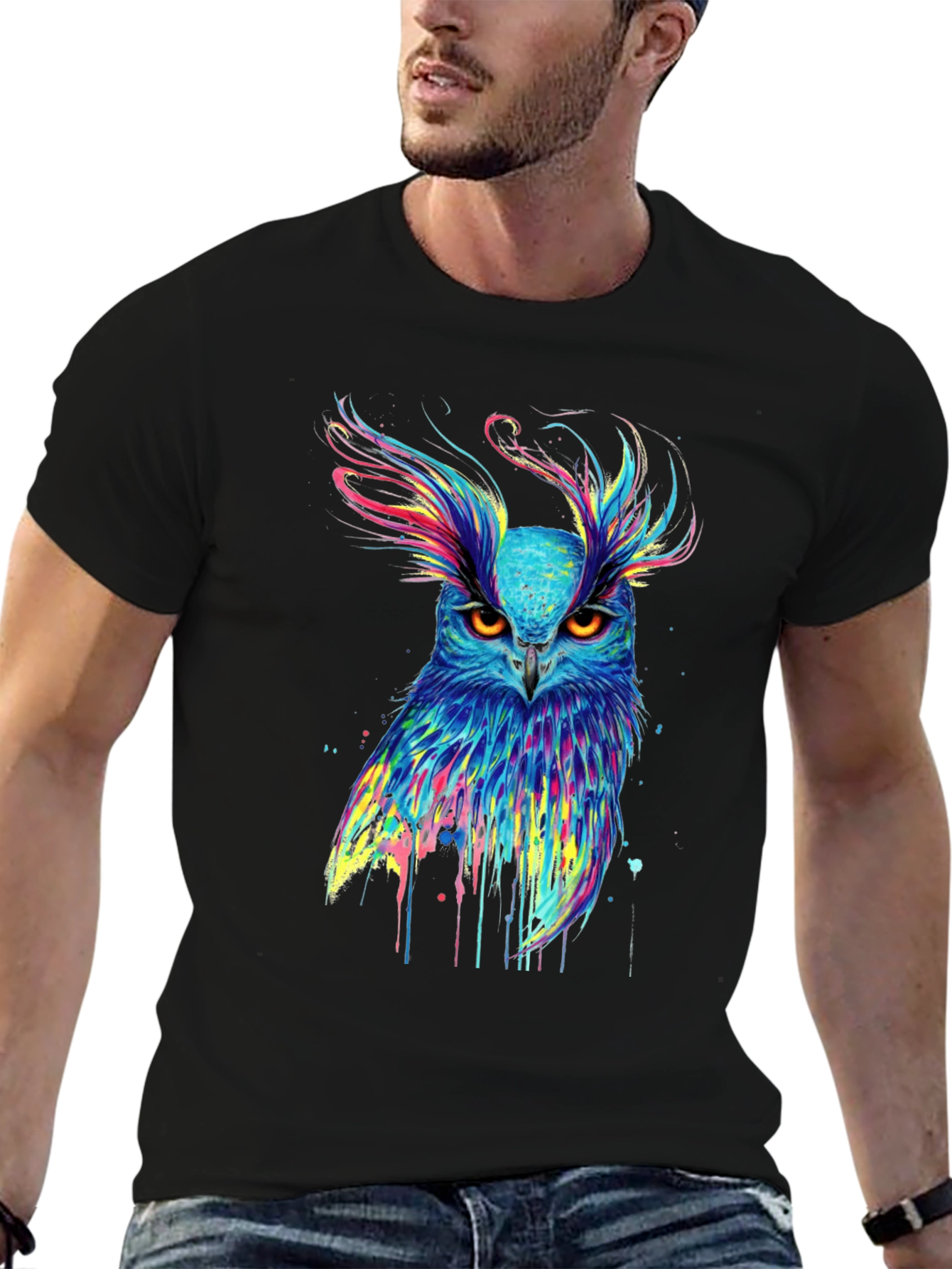Black Colorful Owl Graphic Print Black T-Shirt view 6