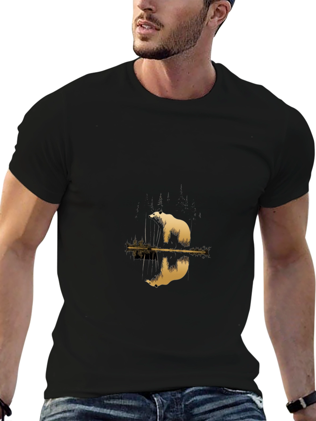 Black Men's Black Tee with Polar Bear Reflection Graphic view 6