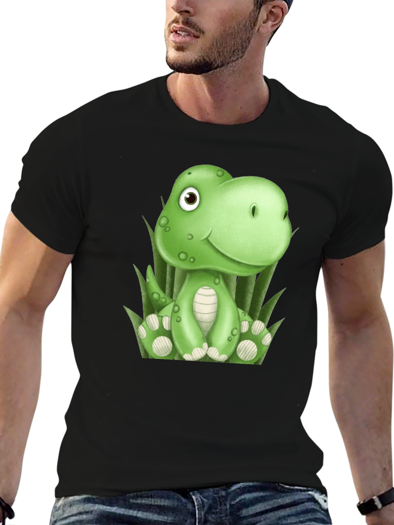 Black Cute Cartoon Dinosaur Black T-Shirt view 6