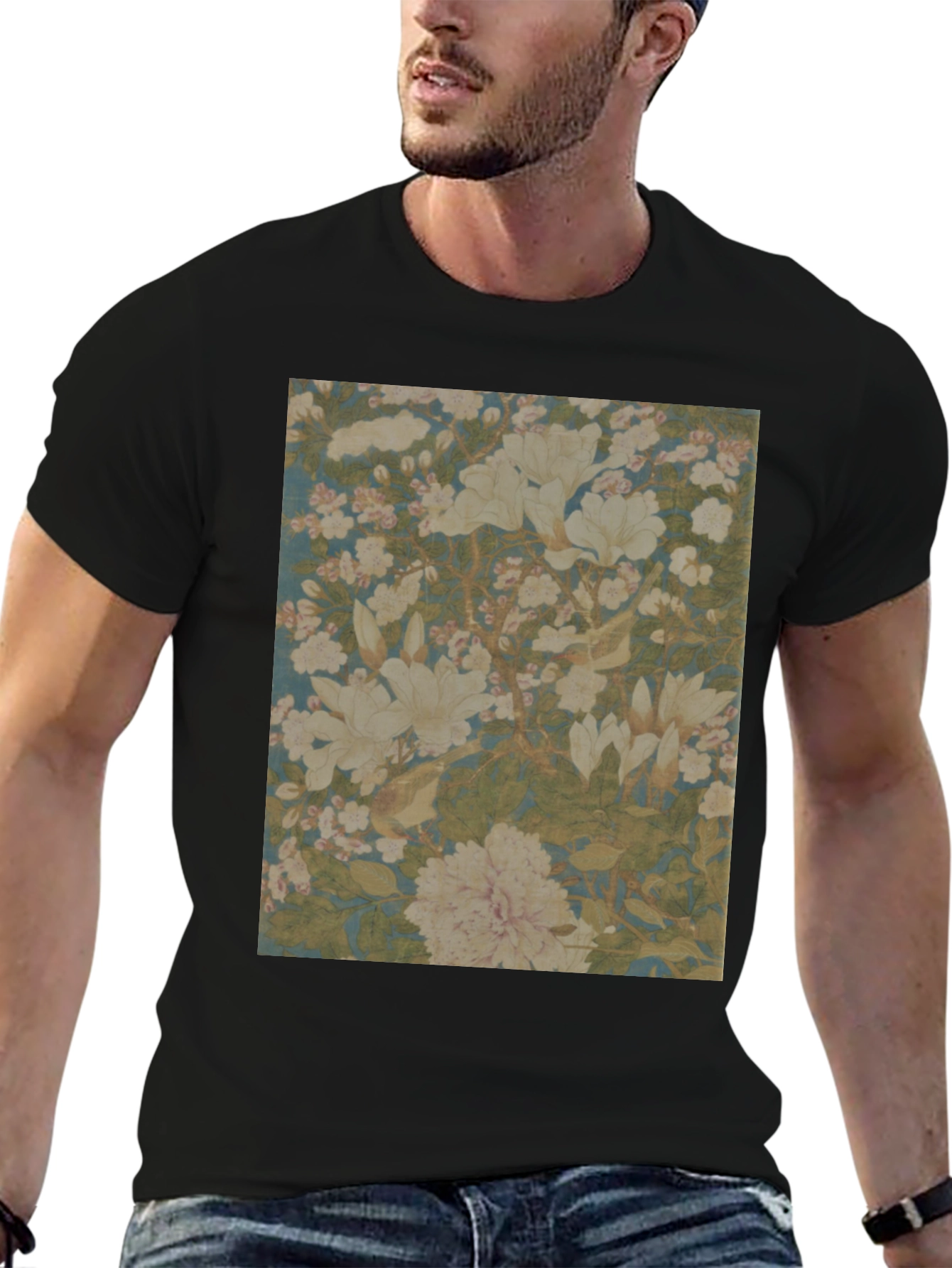 Black Floral Print Tee - Black Cotton Casual Wear view 6