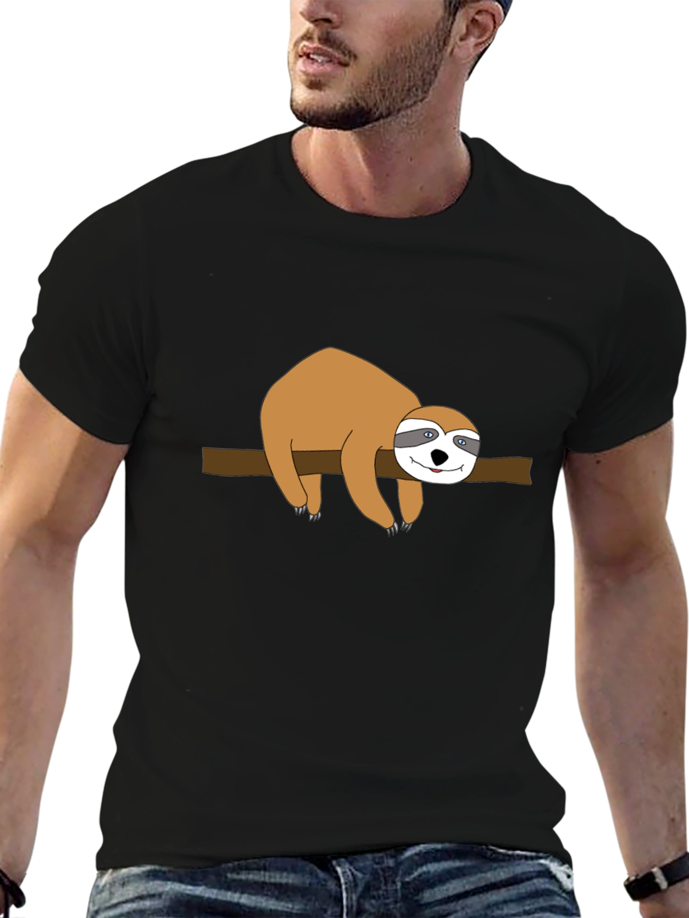 Black Sloth on Branch Graphic Tee - Black Cotton T-Shirt view 6