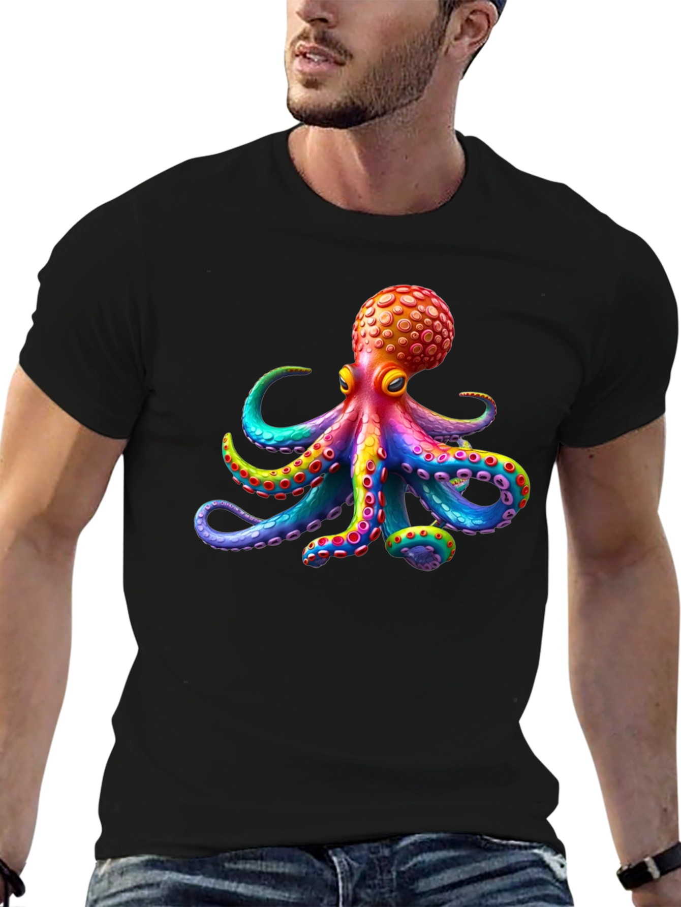 Black Rainbow Octopus Graphic Tee - Black Cotton T-Shirt view 6