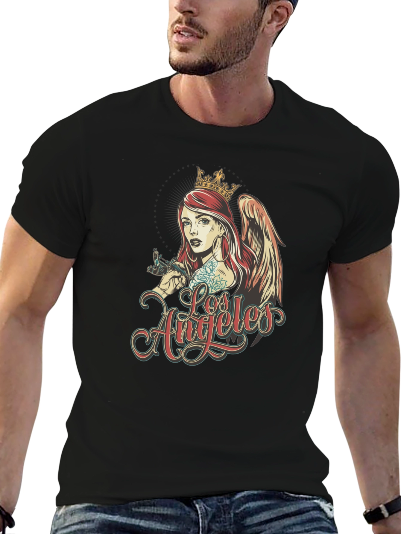 Black Los Angeles Angel Tattoo Artist Graphic T-Shirt view 6