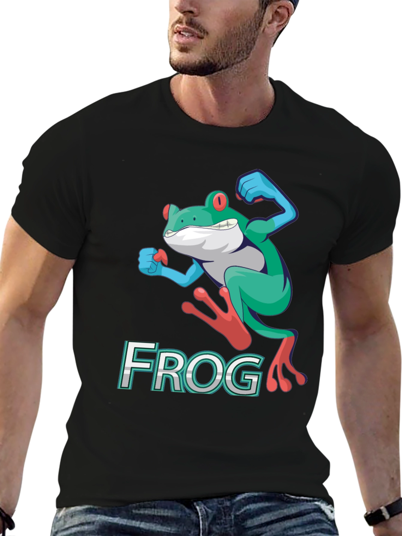 Black Funny Frog Graphic T-Shirt - Cartoon Leap Design view 6