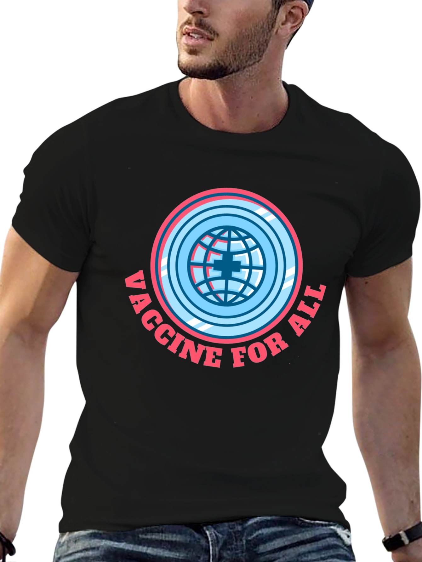 Black Vaccine For All T-Shirt - Global Health Awareness Tee view 6