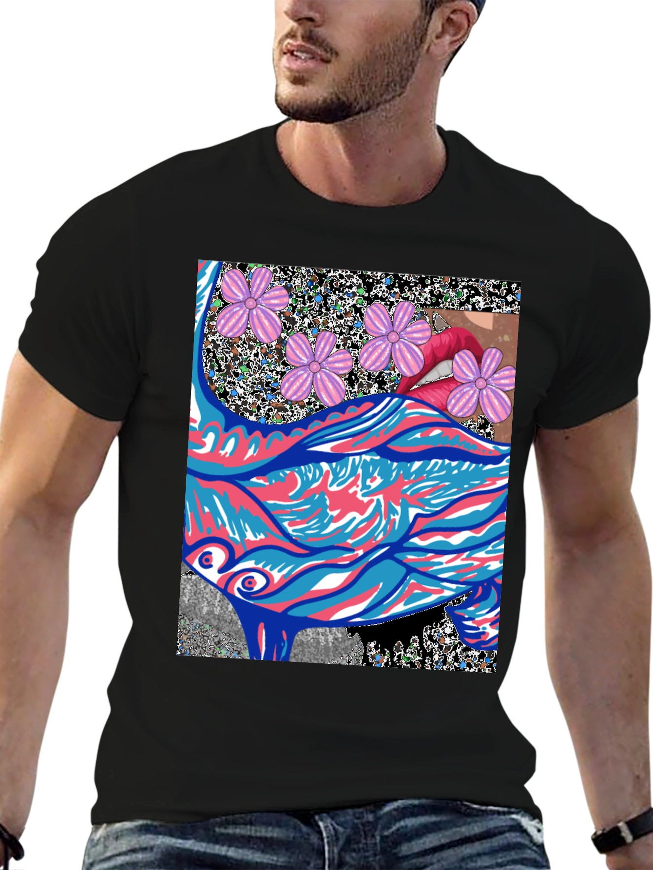 Black Abstract Floral Lips Graphic Tee - Men's Black T-Shirt view 6