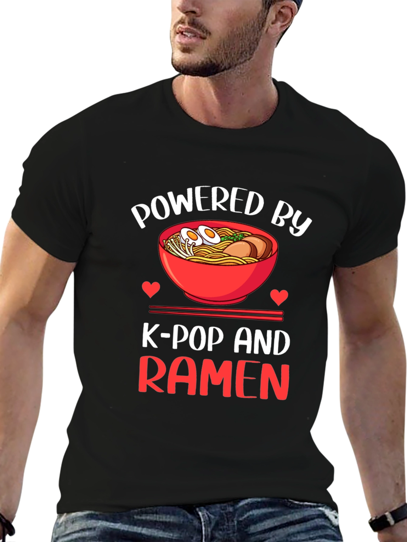 Black Powered by K-Pop and Ramen Graphic T-Shirt view 6