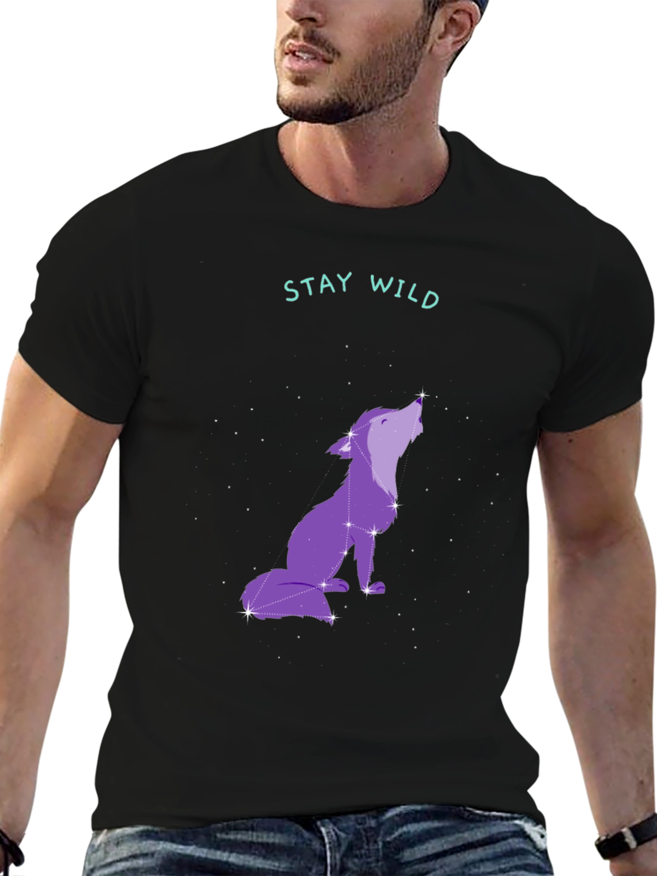 Black Stay Wild Wolf Constellation Graphic Tee - Black view 6