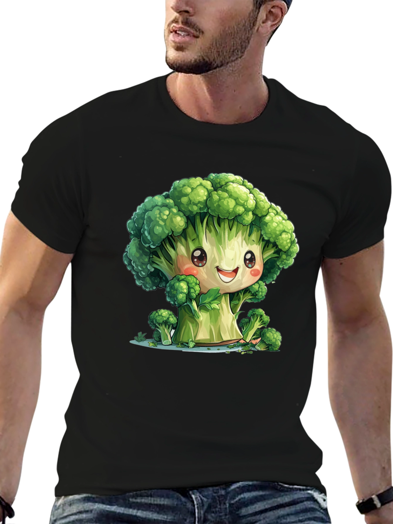 Black Cute Broccoli Cartoon Black T-Shirt view 6
