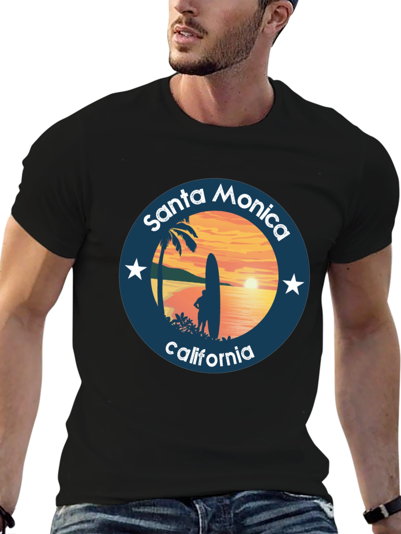 Black Santa Monica California T-Shirt Surfer Design view 6