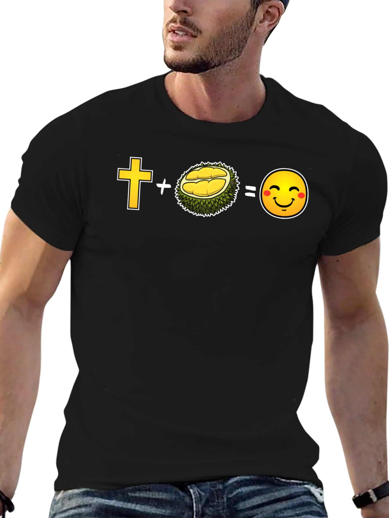 Black Cross Plus Durian Equals Smiley Face Black T-Shirt view 6