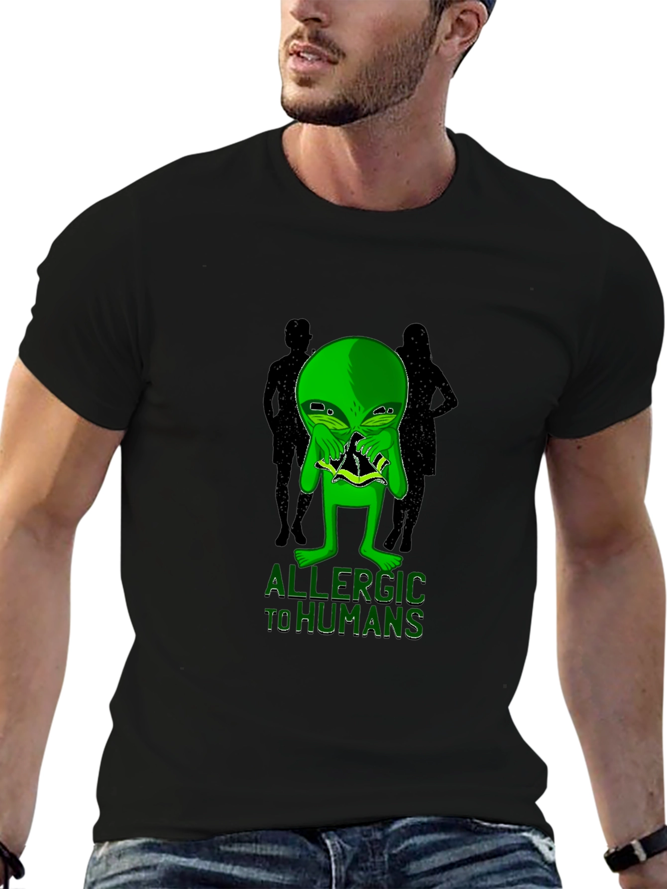 Black Allergic to Humans Alien Graphic T-Shirt view 6
