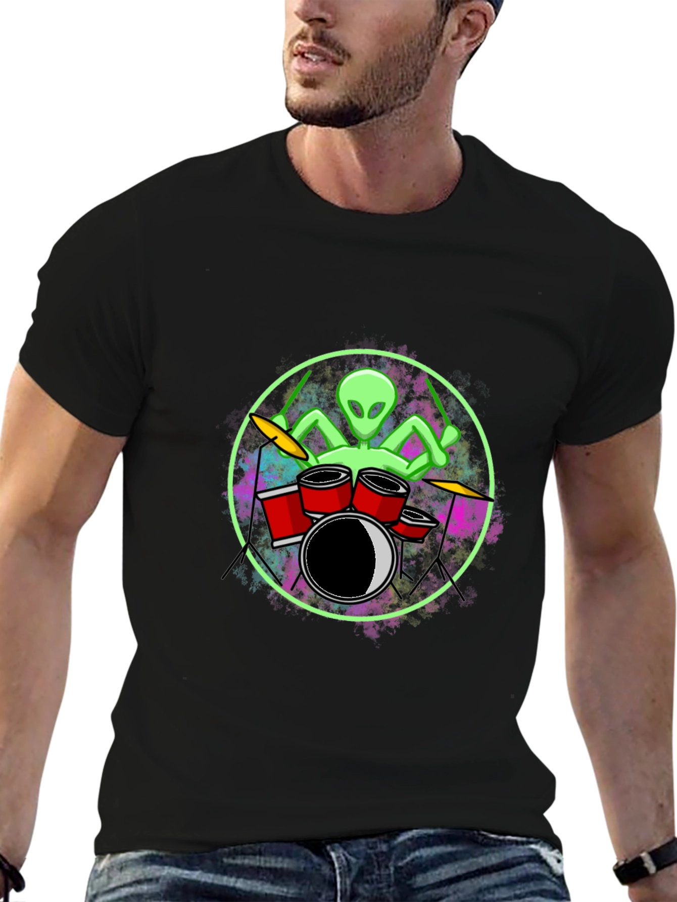 Black Alien Drummer Graphic Tee - Black Cotton T-Shirt view 6