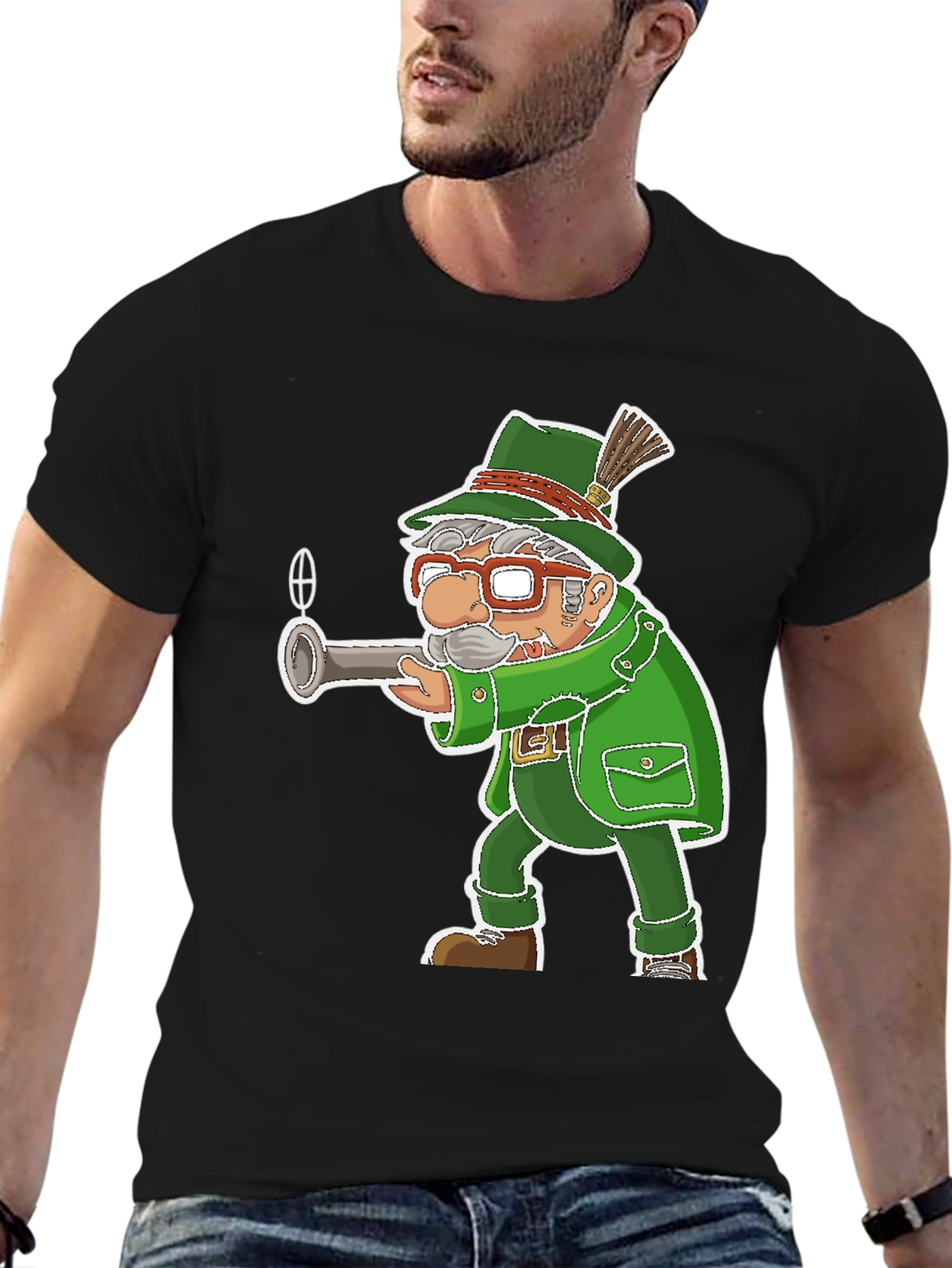 Black Cartoon Hunter T-Shirt - Novelty Graphic Tee view 6