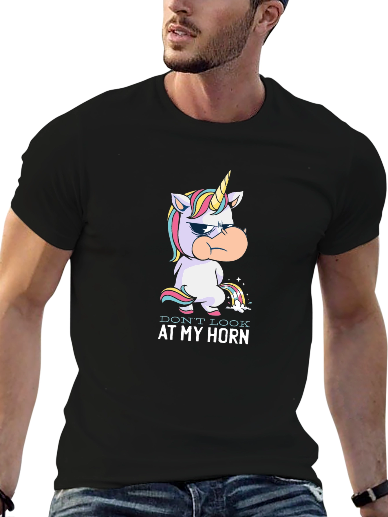Black Grumpy Unicorn Rainbow Pee T-Shirt view 6