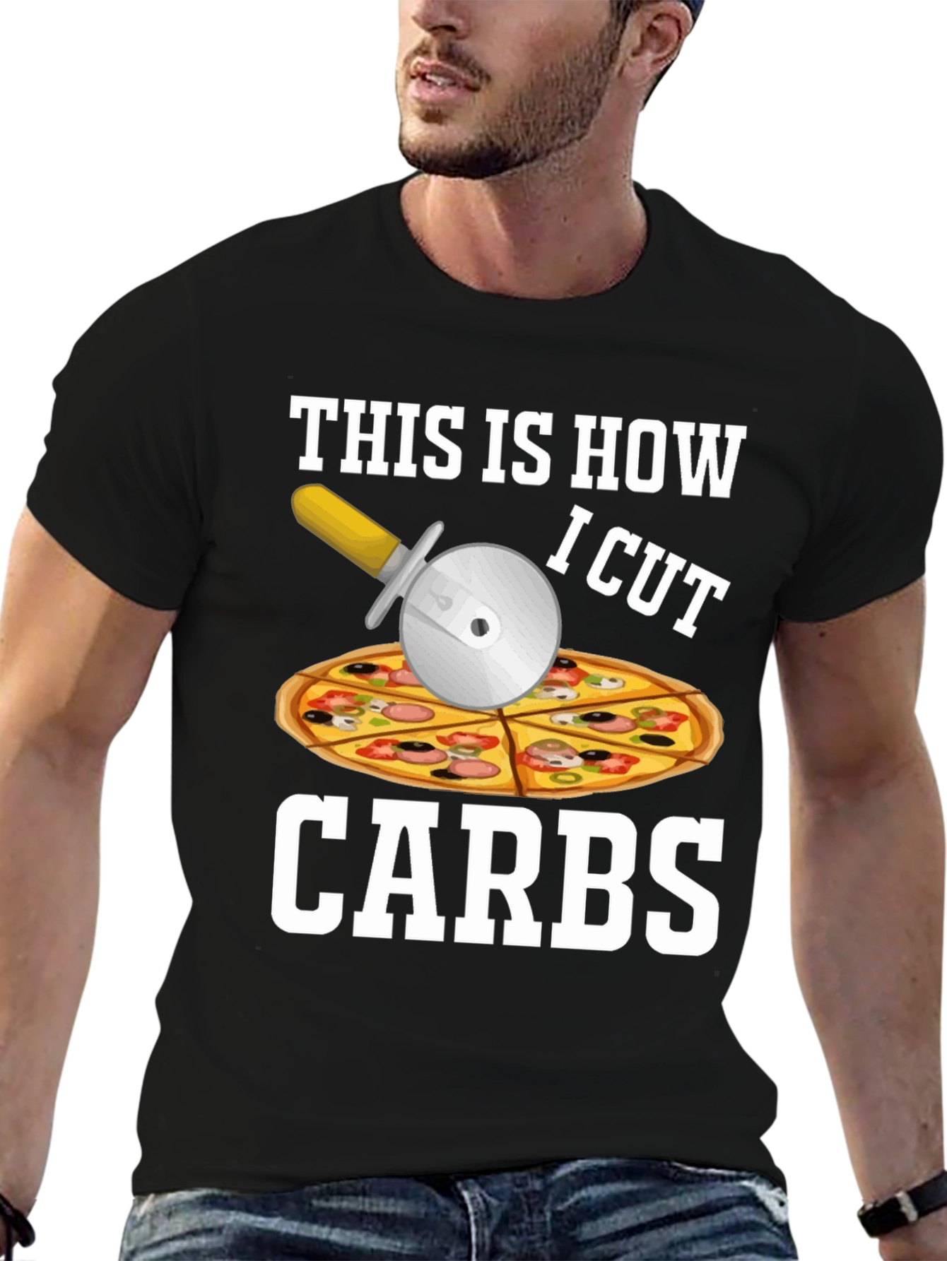 Black Funny Pizza Cutter "Carbs" T-Shirt view 6