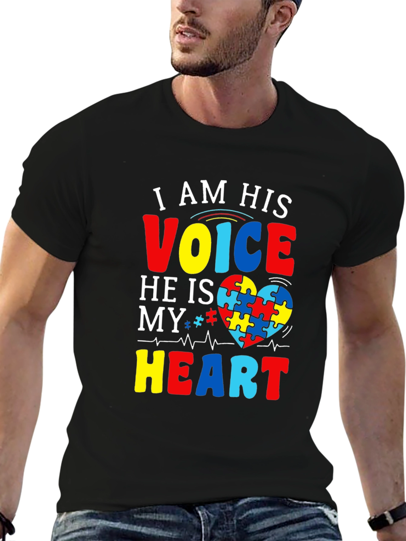 Black Autism Awareness T-Shirt - I am His Voice, He is My Heart view 6
