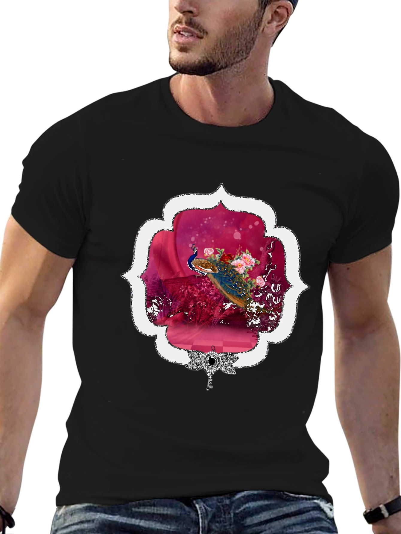 Black Floral Peacock Graphic Tee - Stylish & Unique view 6