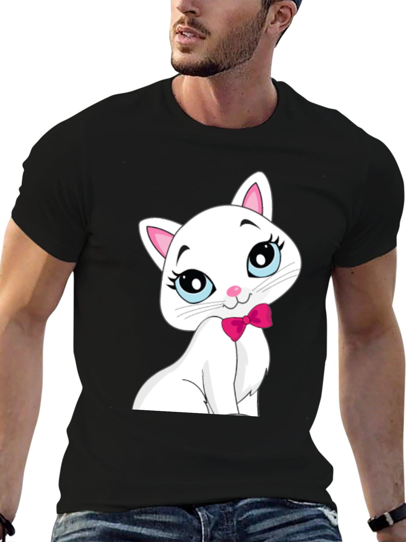 Black Cute White Cat T-Shirt view 6
