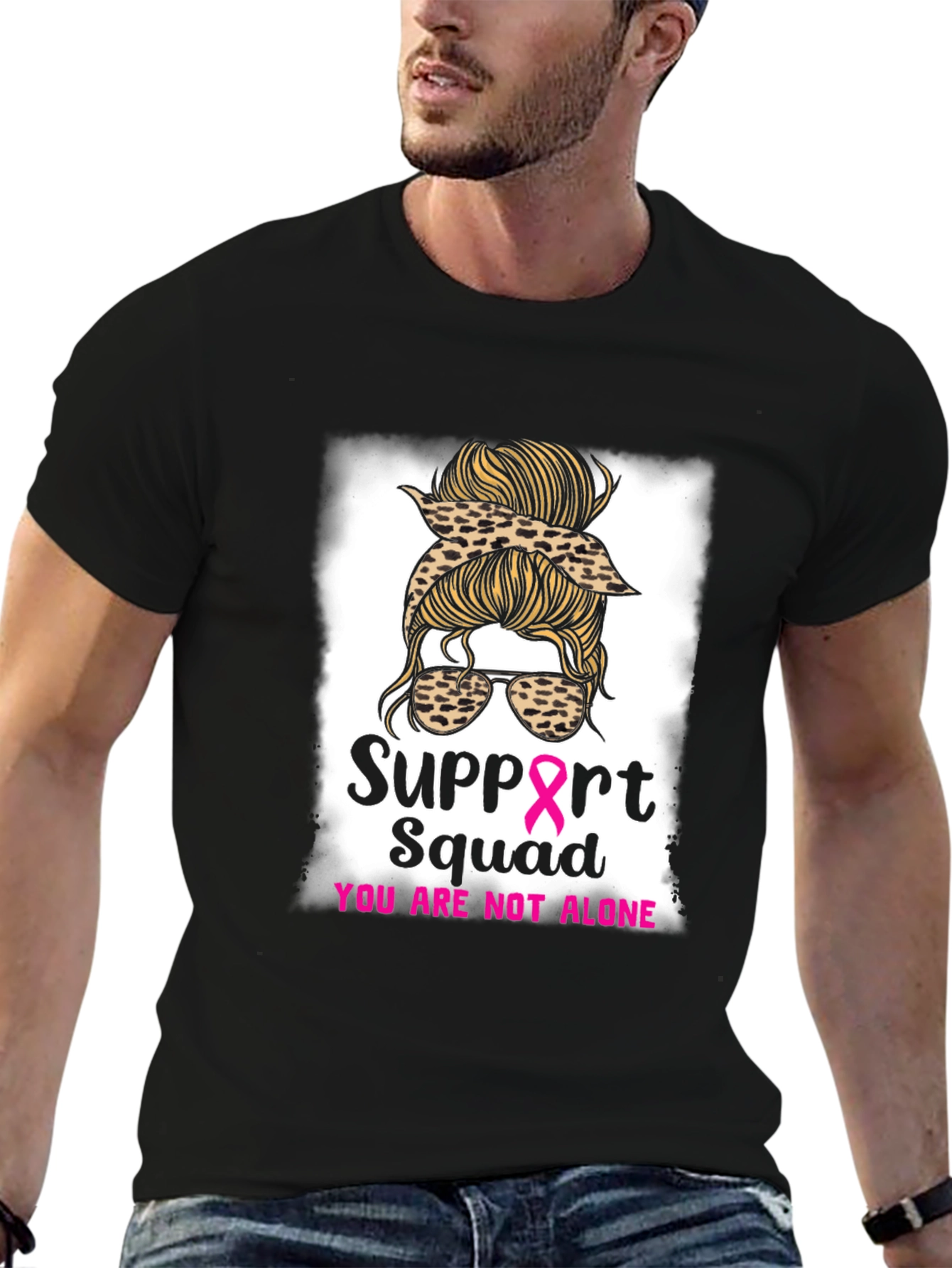 Black Support Squad Messy Bun Breast Cancer Awareness T-Shirt view 6
