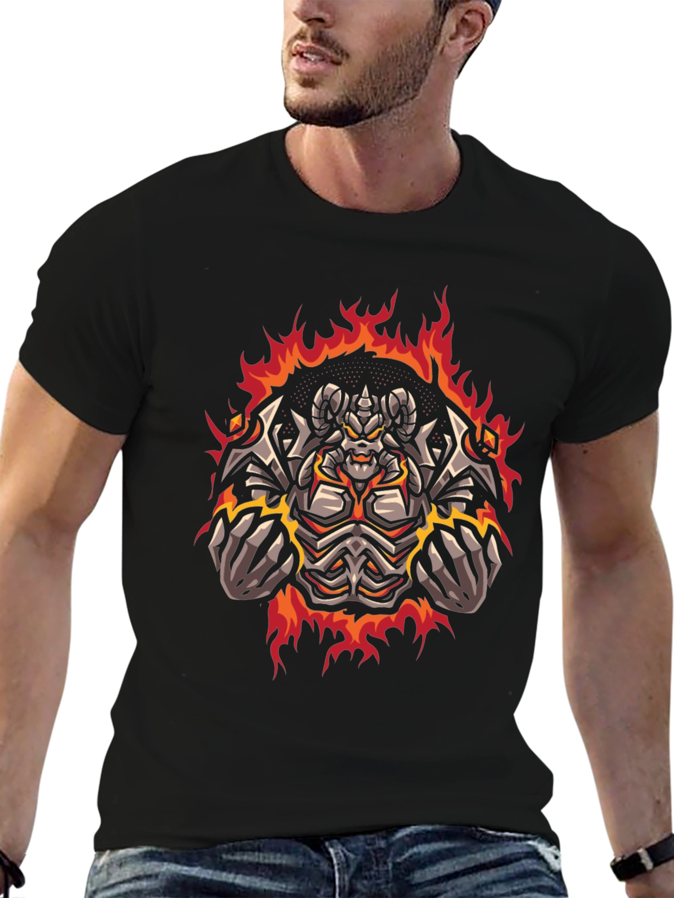 Black Fiery Demon Graphic Print Tee - Black Cotton T-Shirt view 6