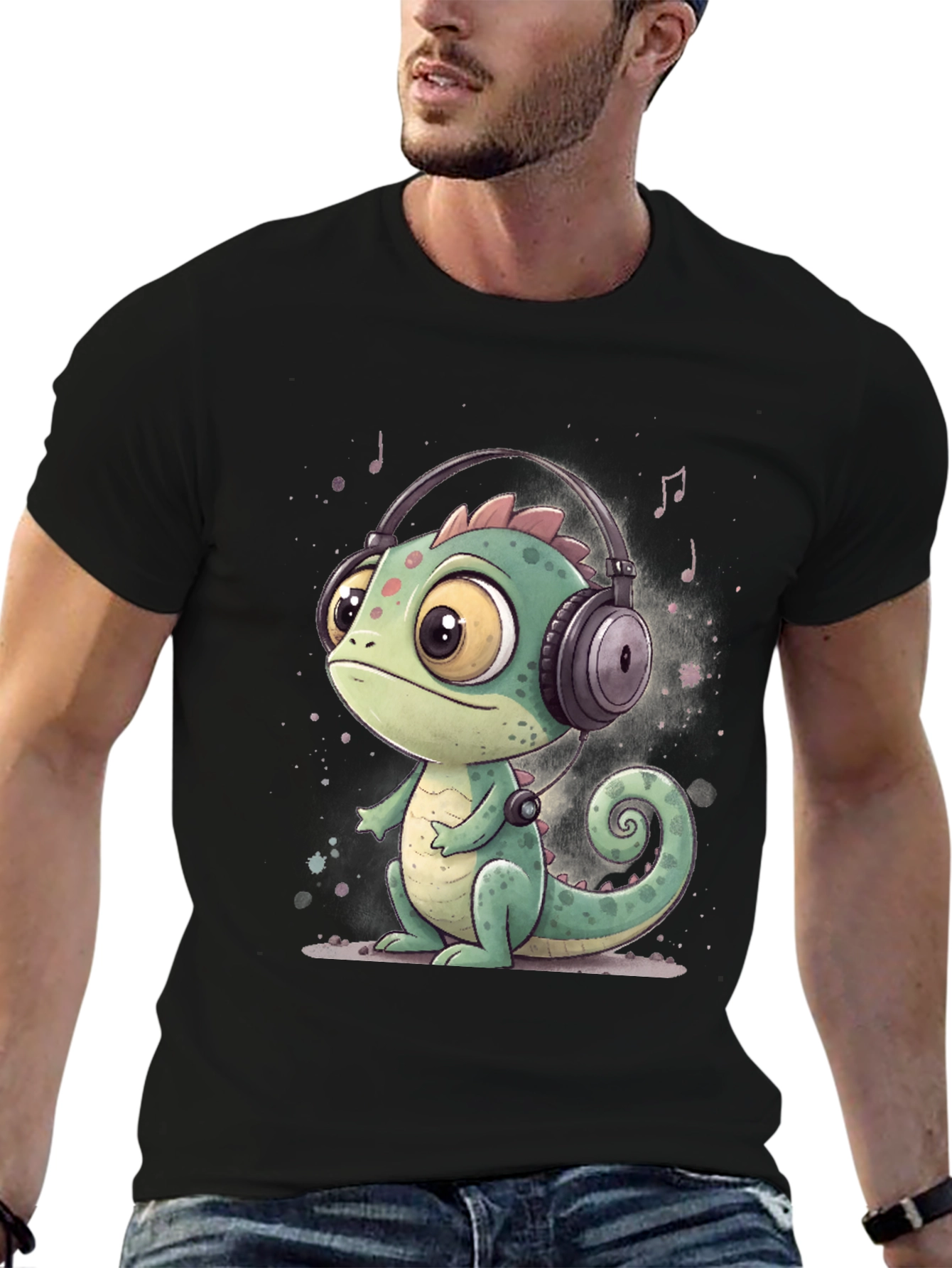 Black Cartoon Chameleon T-Shirt with Headphones view 6